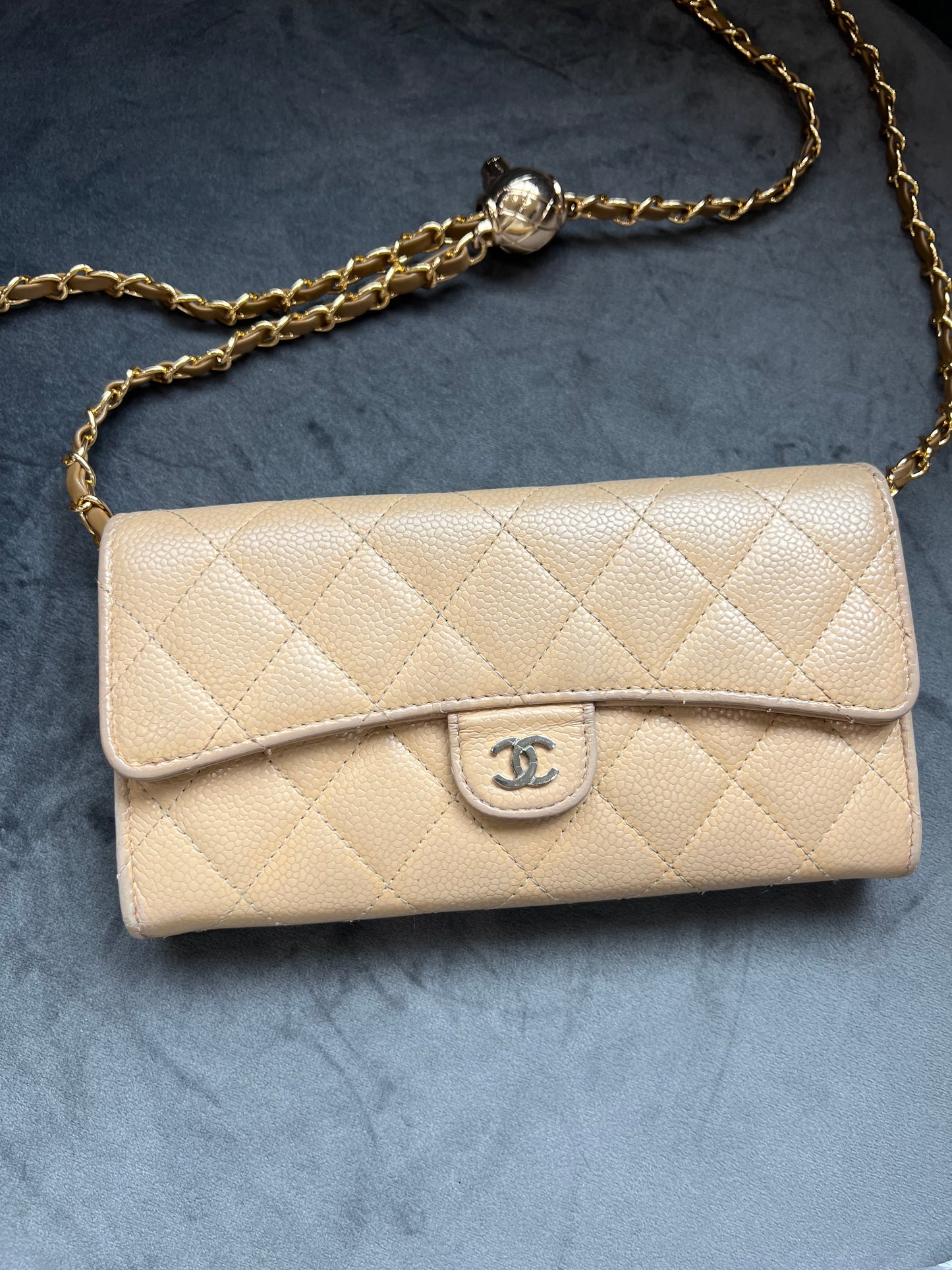 Chanel gusseted beige wallet on chain