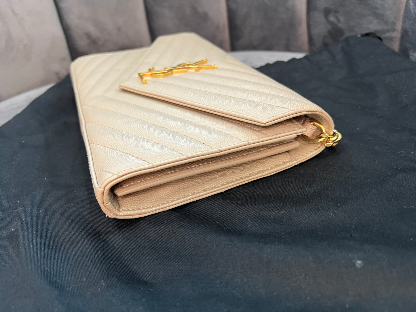 YSL cassandre flap large wallet on chain beige
