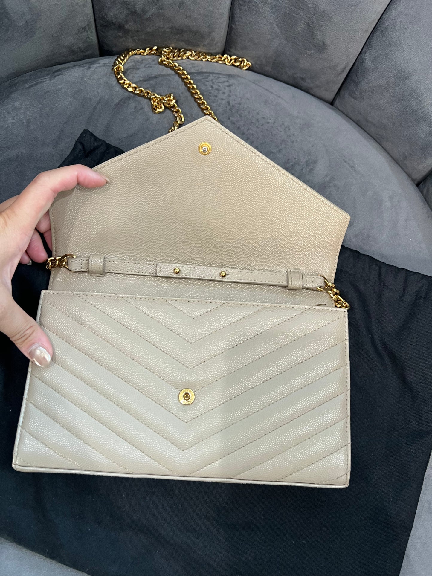 YSL cassandre flap large wallet on chain beige
