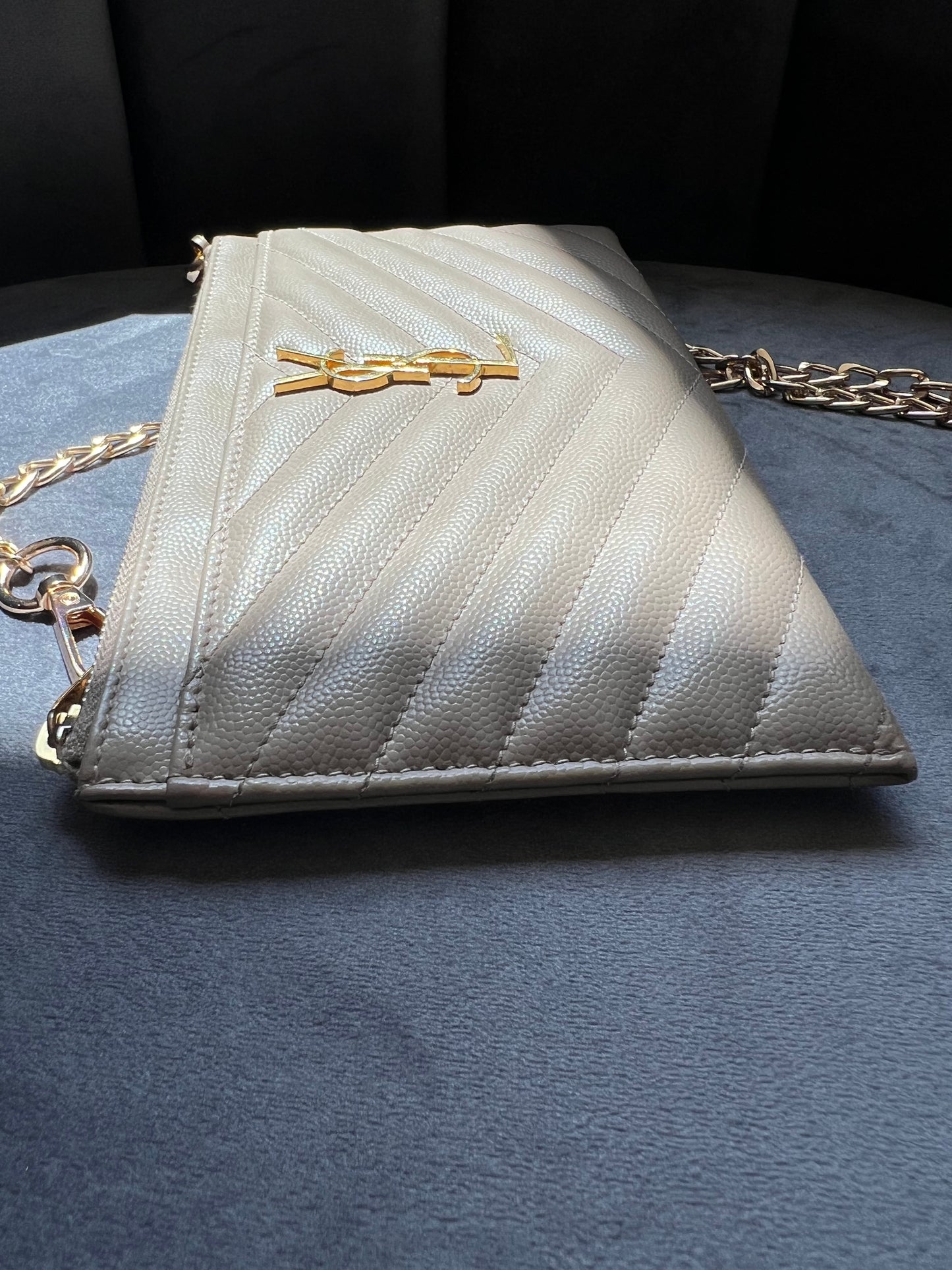 Beige YSL monogram clutch wallet on chain