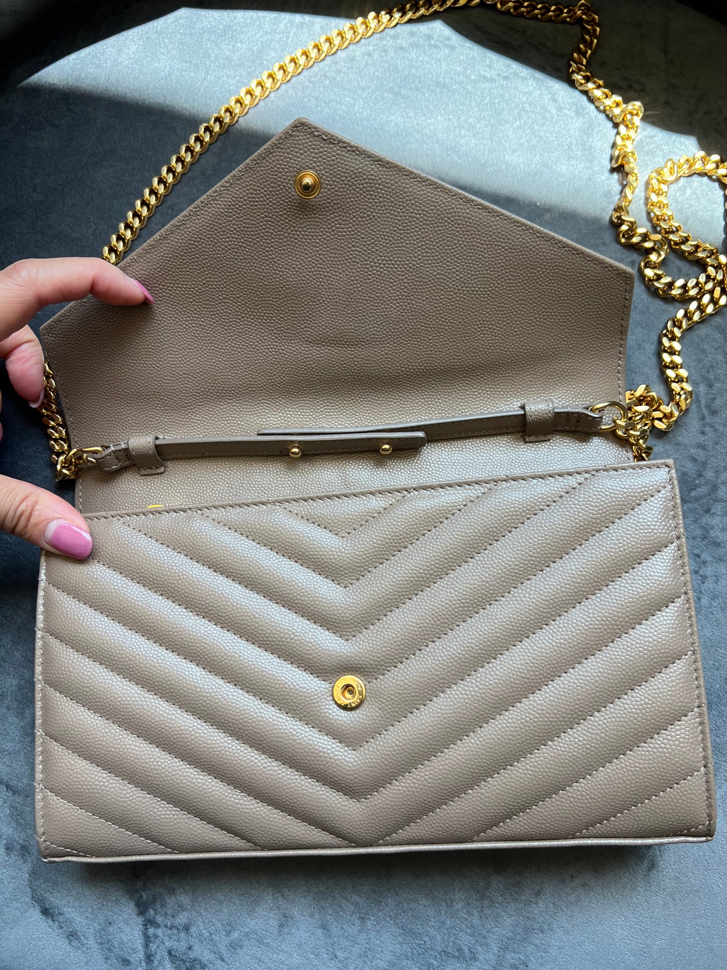 YSL cassadre envelope crossbody large dark beige