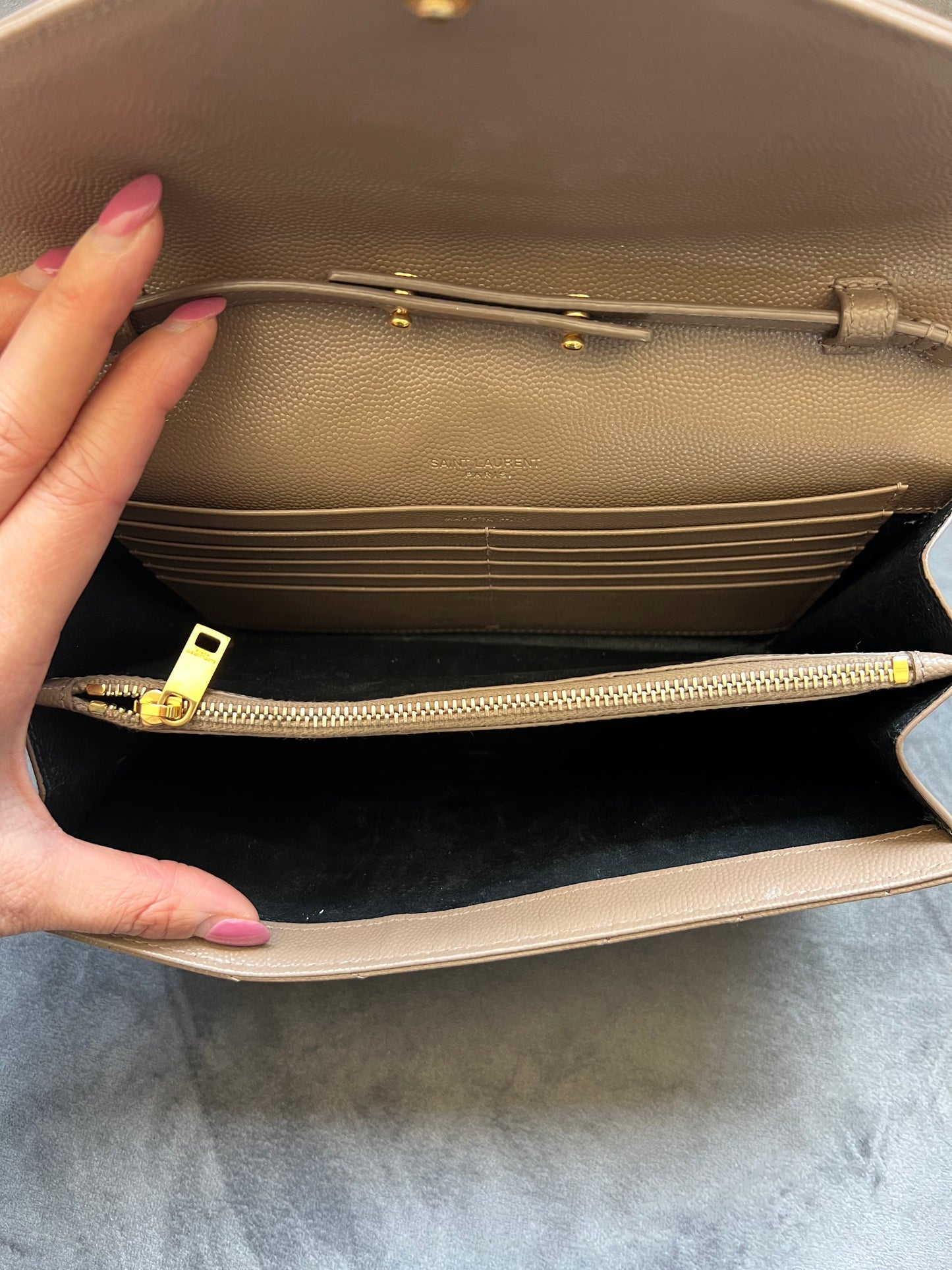 YSL cassadre envelope crossbody large dark beige