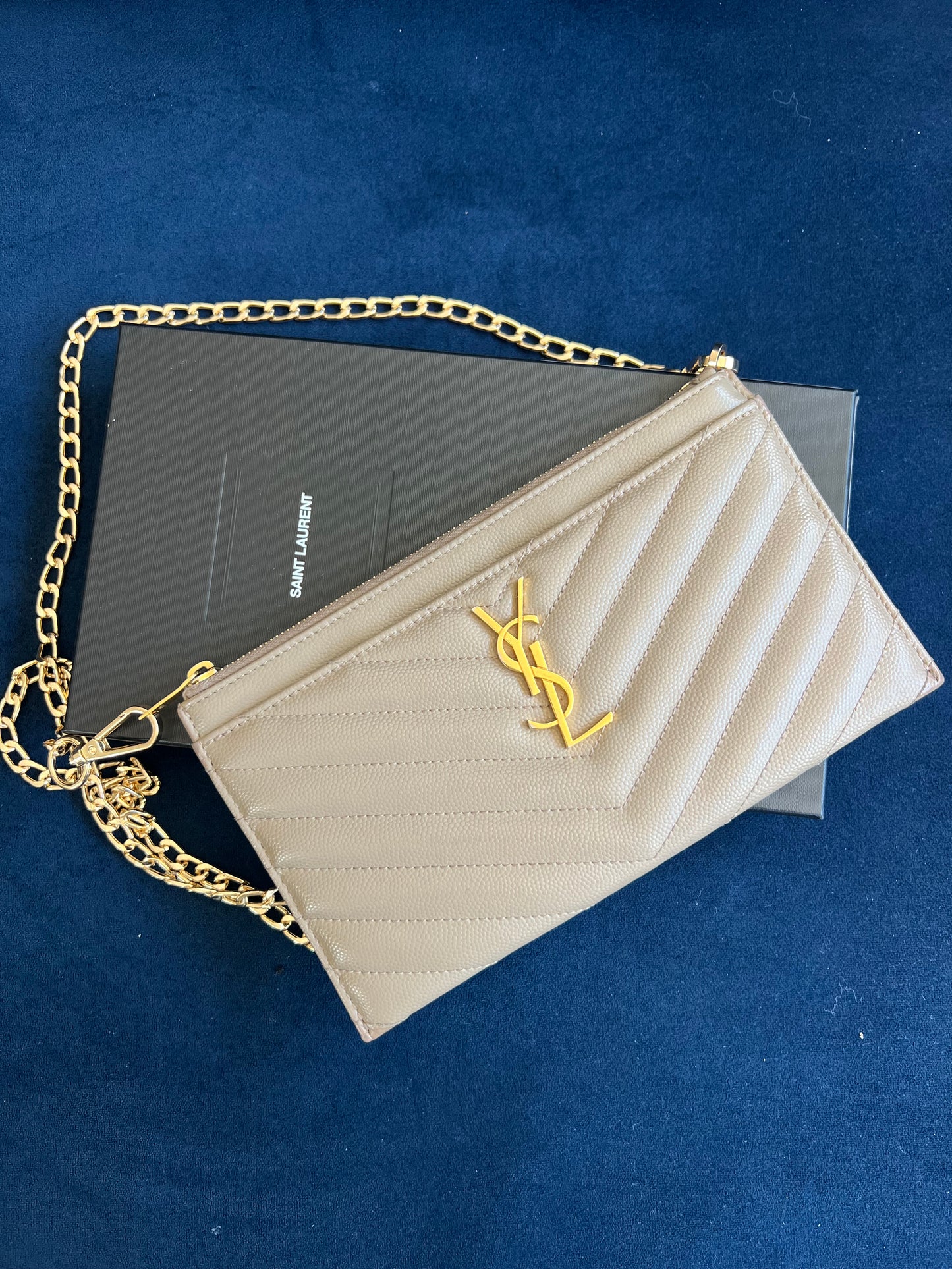 Beige YSL monogram clutch wallet on chain