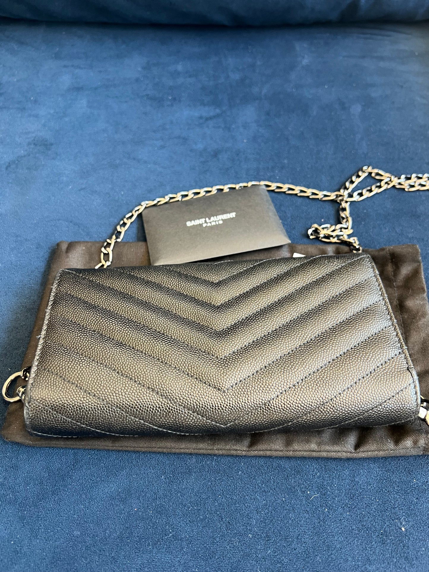 YSL Cassandre all black envelope flap wallet on chain