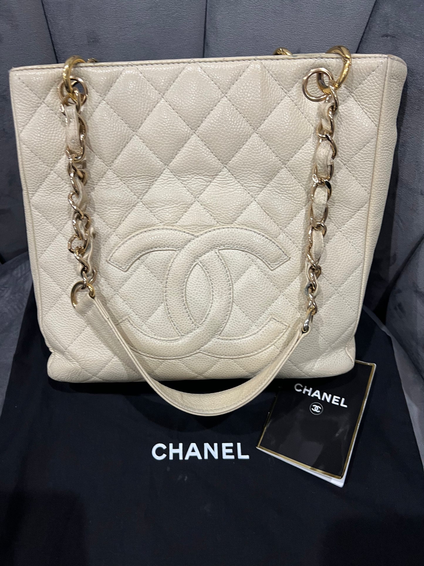 CHANEL Caviar Quilted Petite Shopping Tote PST beige