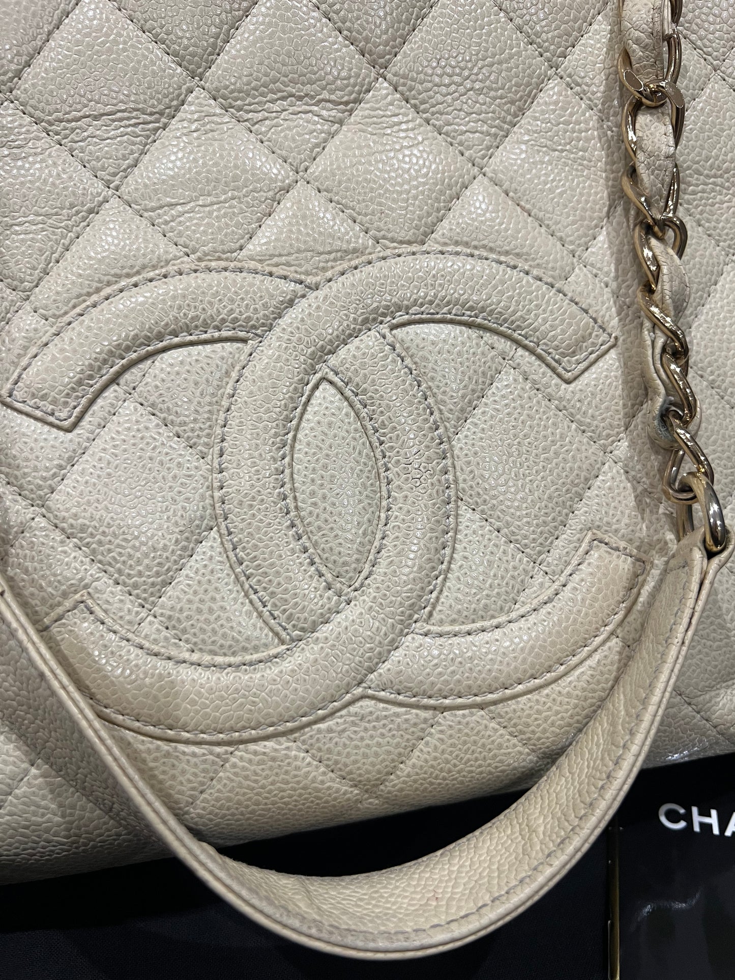 CHANEL Caviar Quilted Petite Shopping Tote PST beige