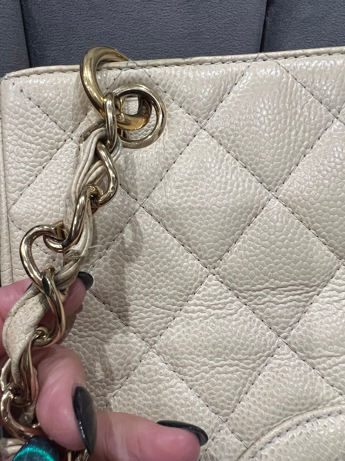 CHANEL Caviar Quilted Petite Shopping Tote PST beige
