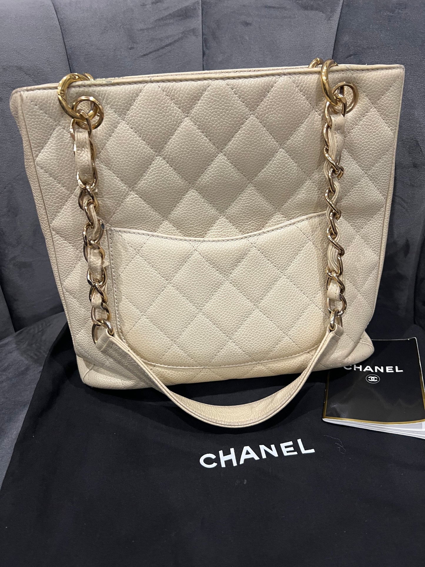 CHANEL Caviar Quilted Petite Shopping Tote PST beige