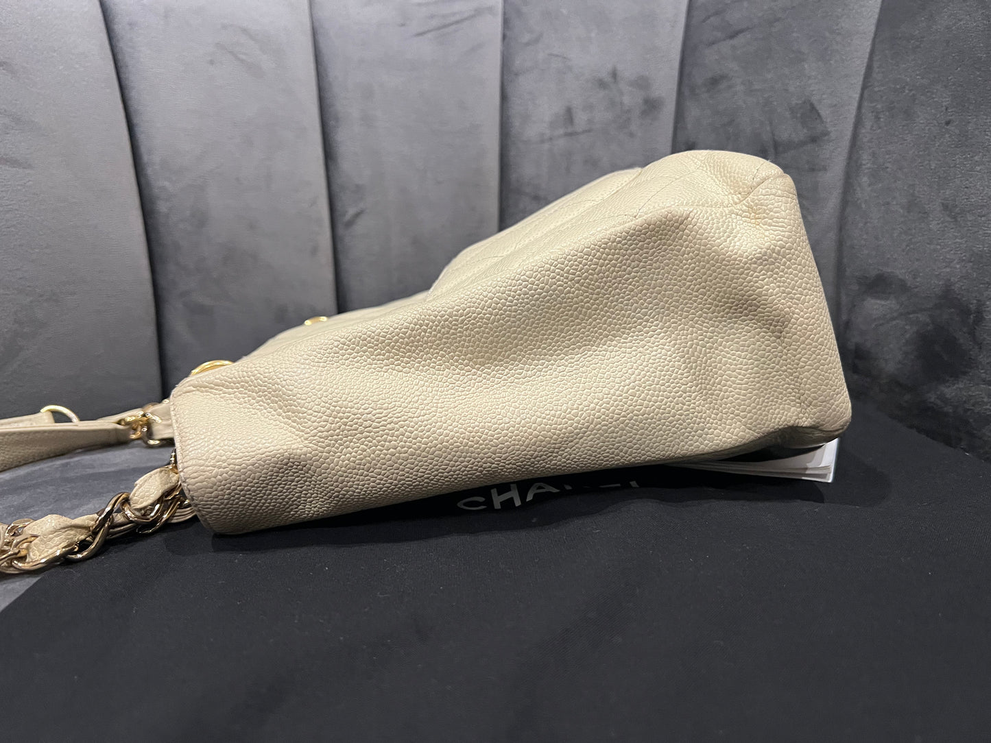 CHANEL Caviar Quilted Petite Shopping Tote PST beige