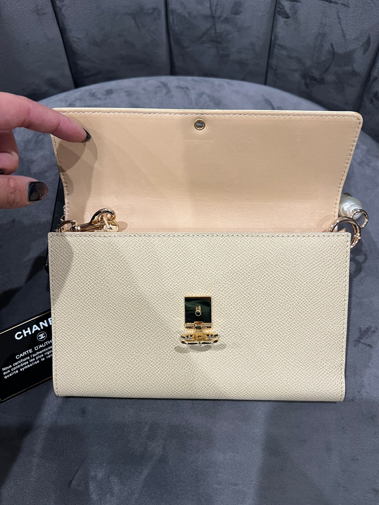 Chanel caviar beige clutch 24k gold hardware