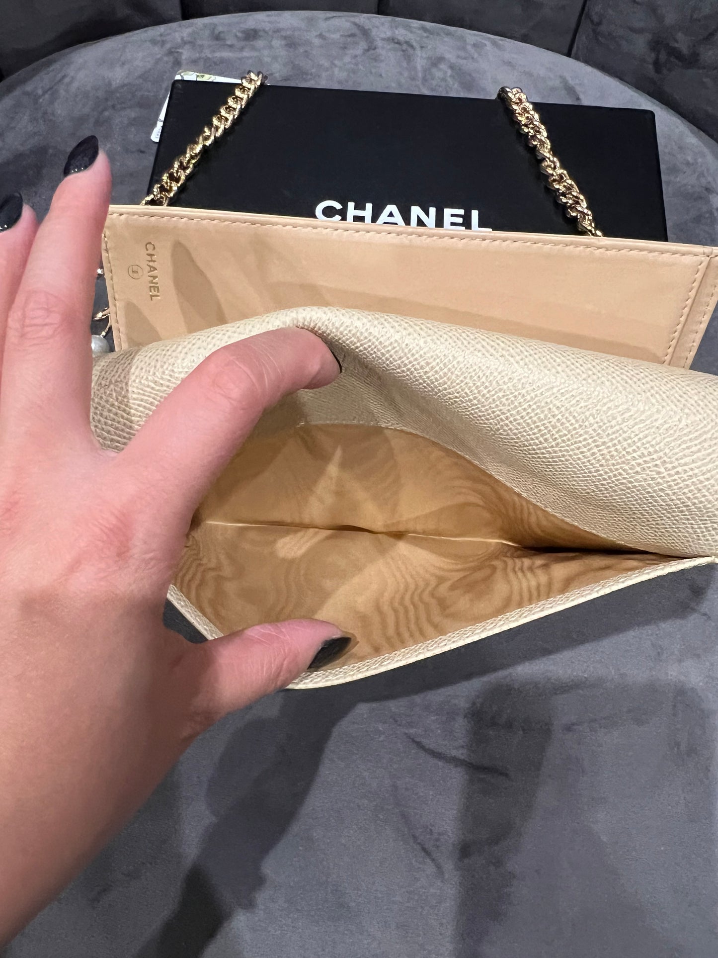 Chanel caviar beige clutch 24k gold hardware