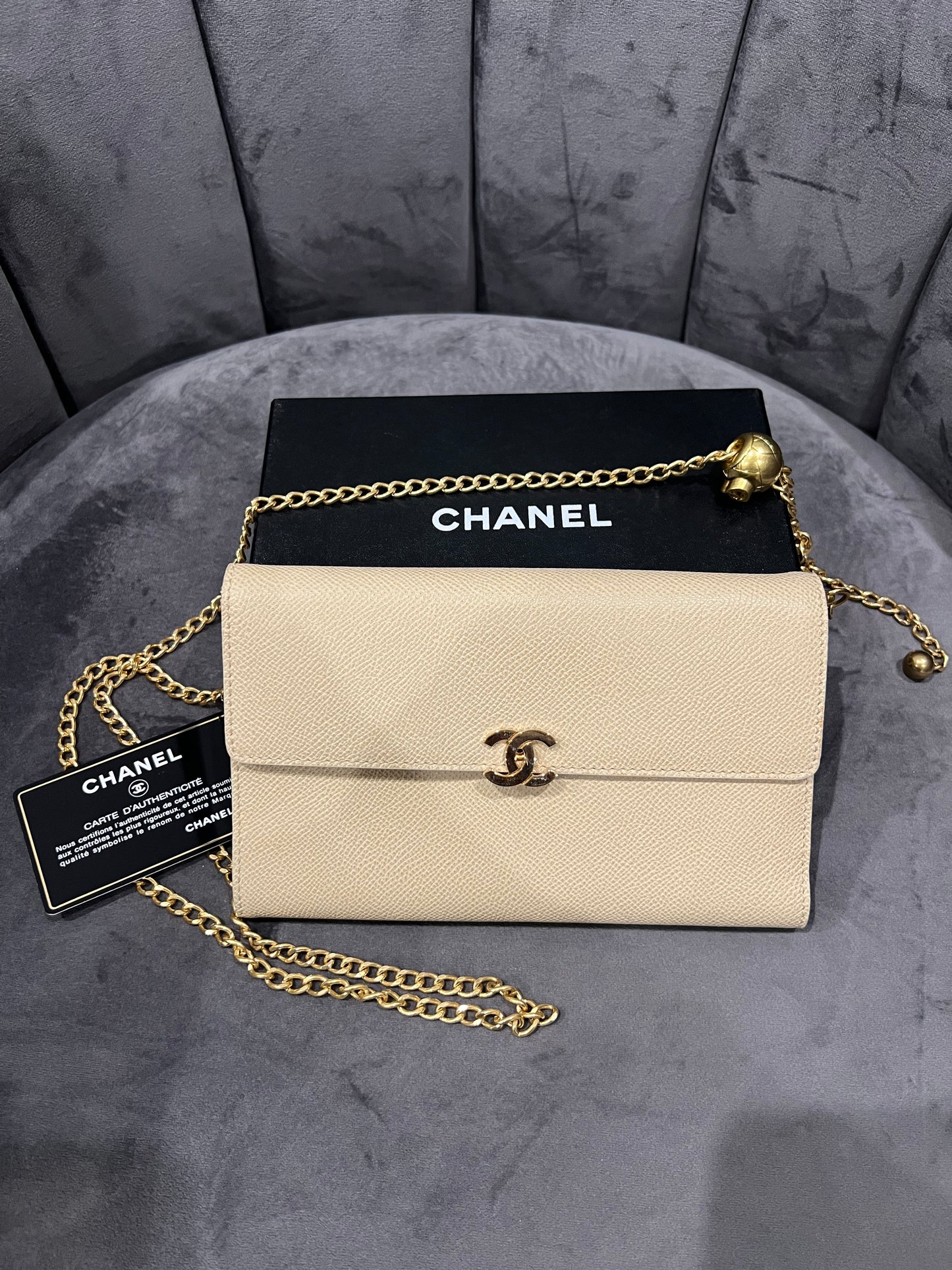Chanel caviar beige clutch 24k gold hardware