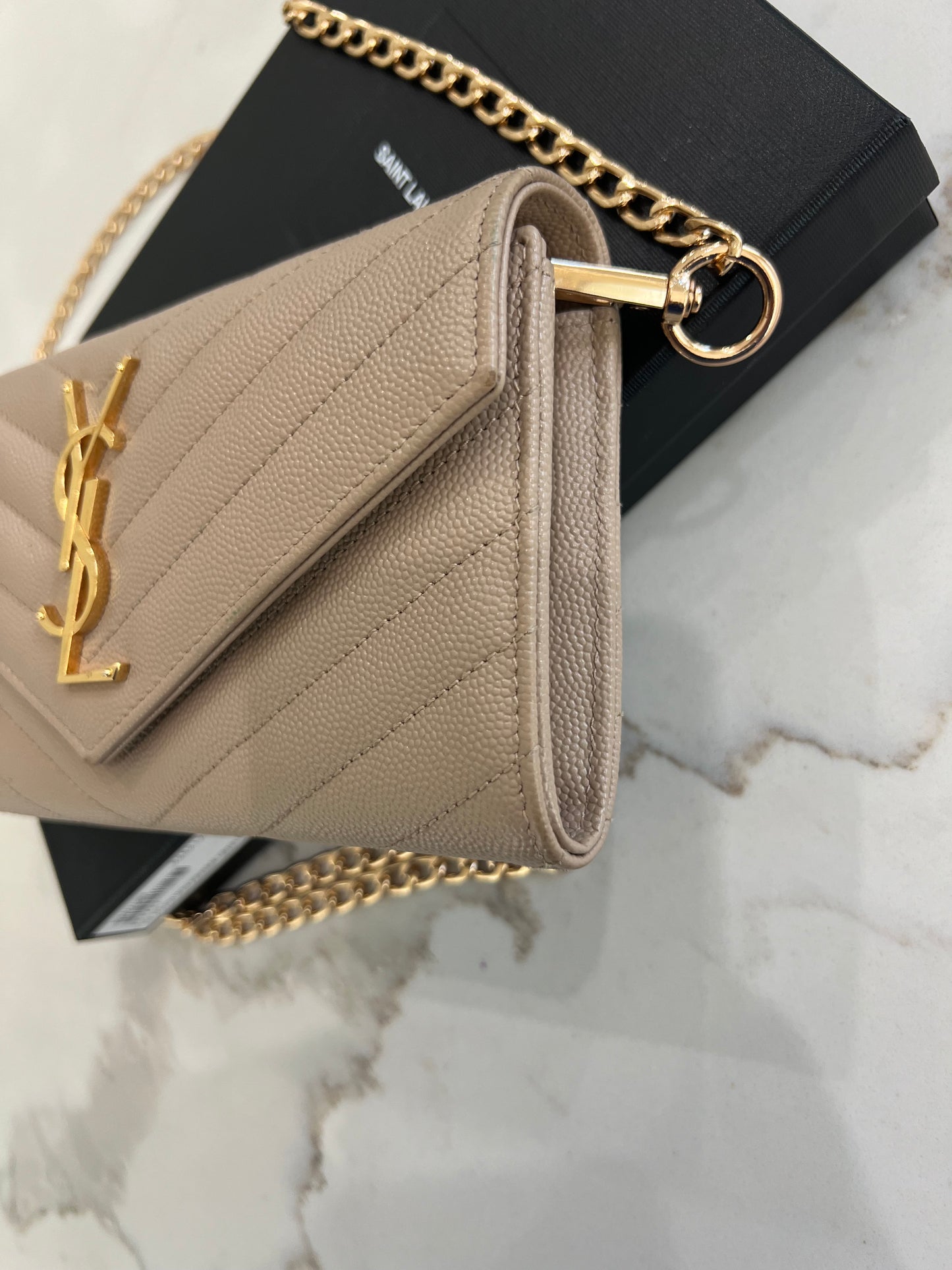 Beige Saint Laurent Cassandre Envelope Flap Wallet on Chain