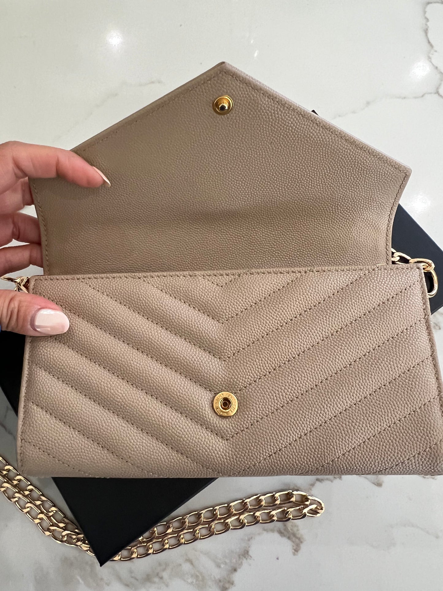 Beige Saint Laurent Cassandre Envelope Flap Wallet on Chain
