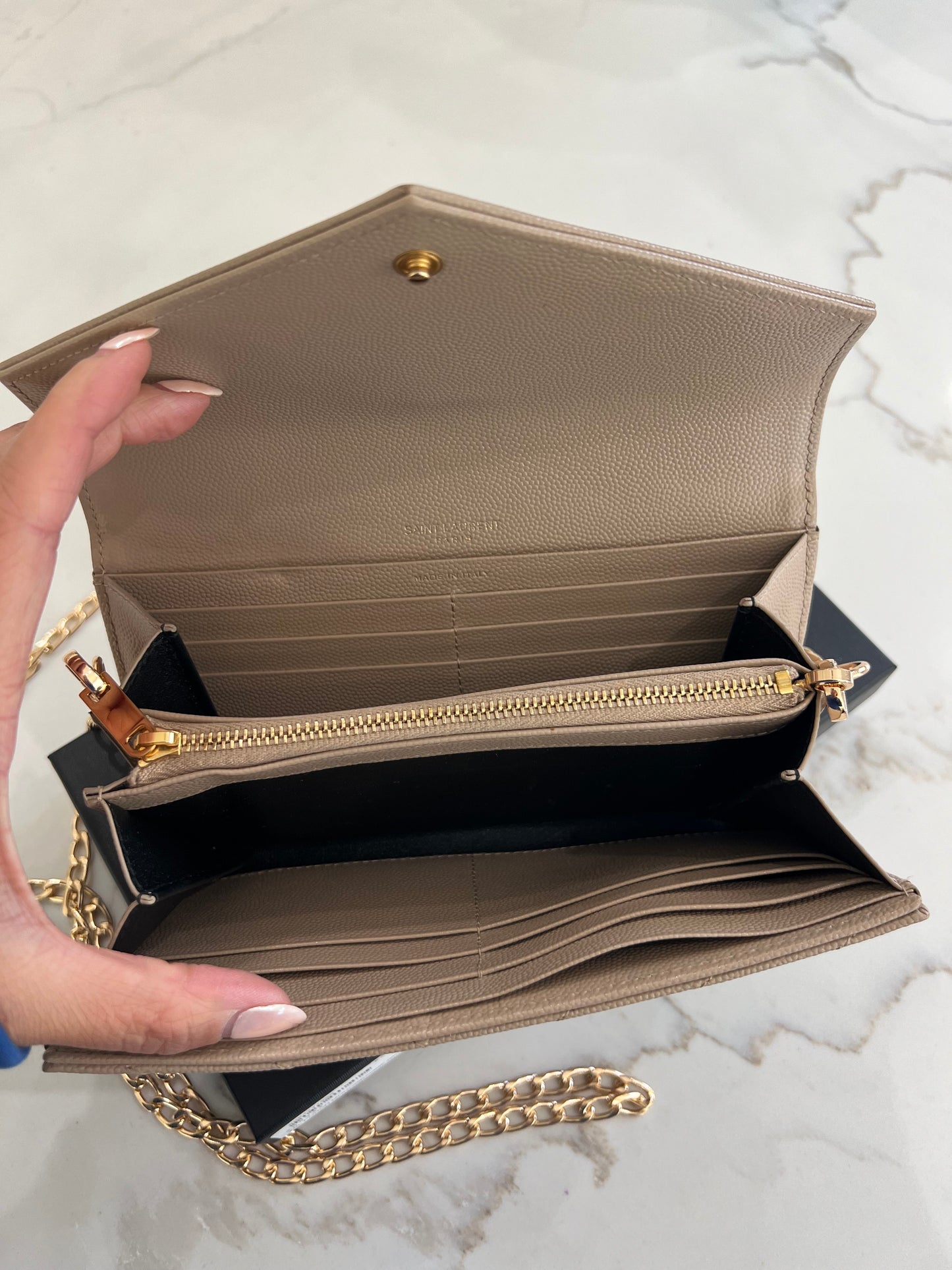 Beige Saint Laurent Cassandre Envelope Flap Wallet on Chain