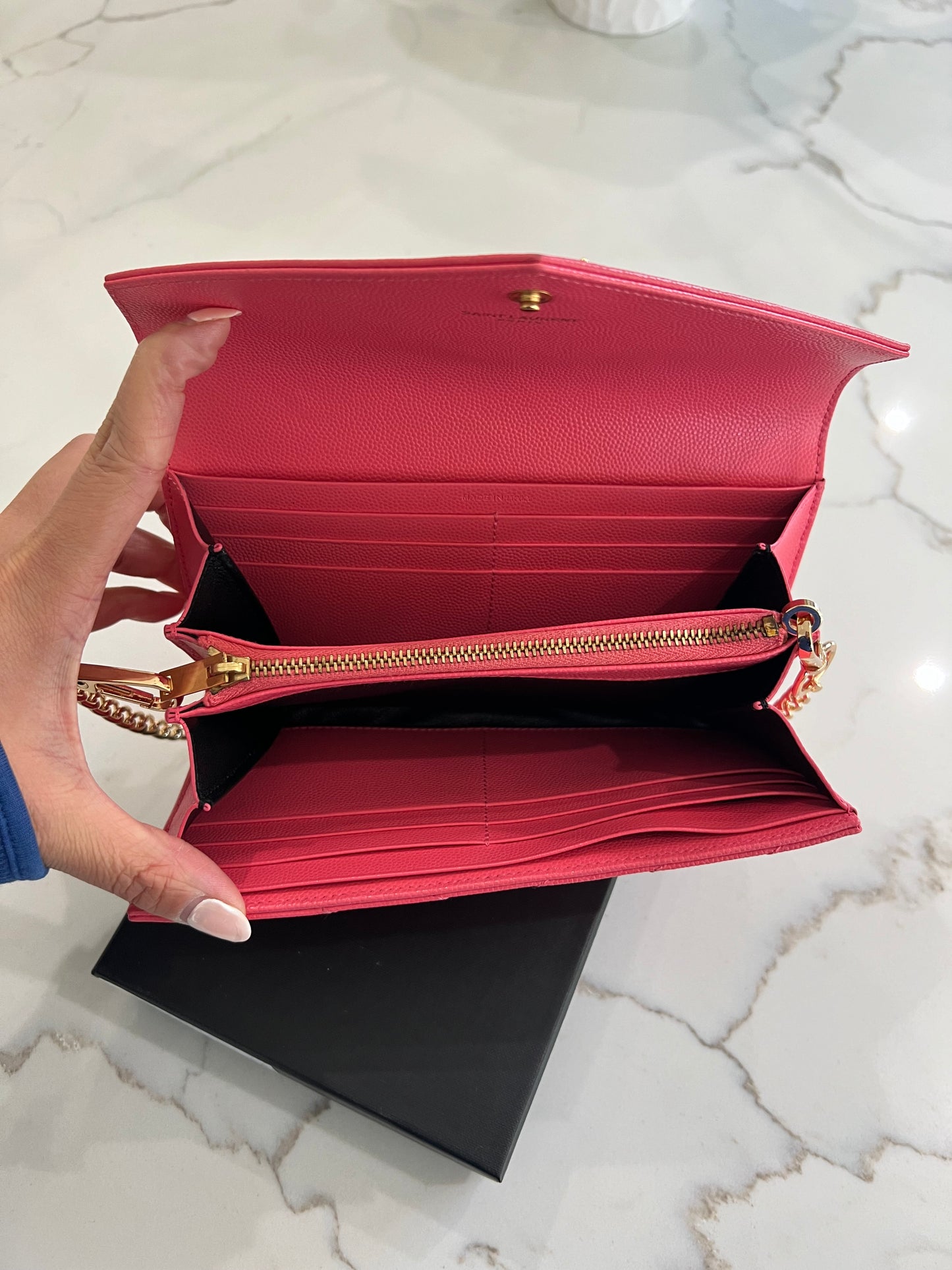 Pink YSL cassandre envelope wallet on chain