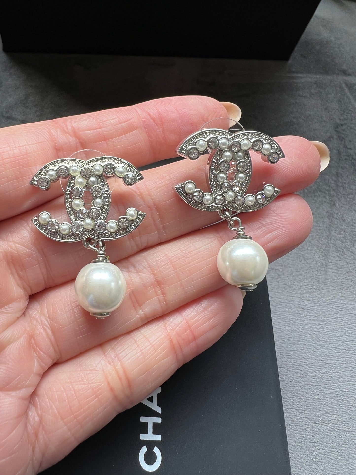 Chanel CC Crystal and Pearl Stud Earrings
