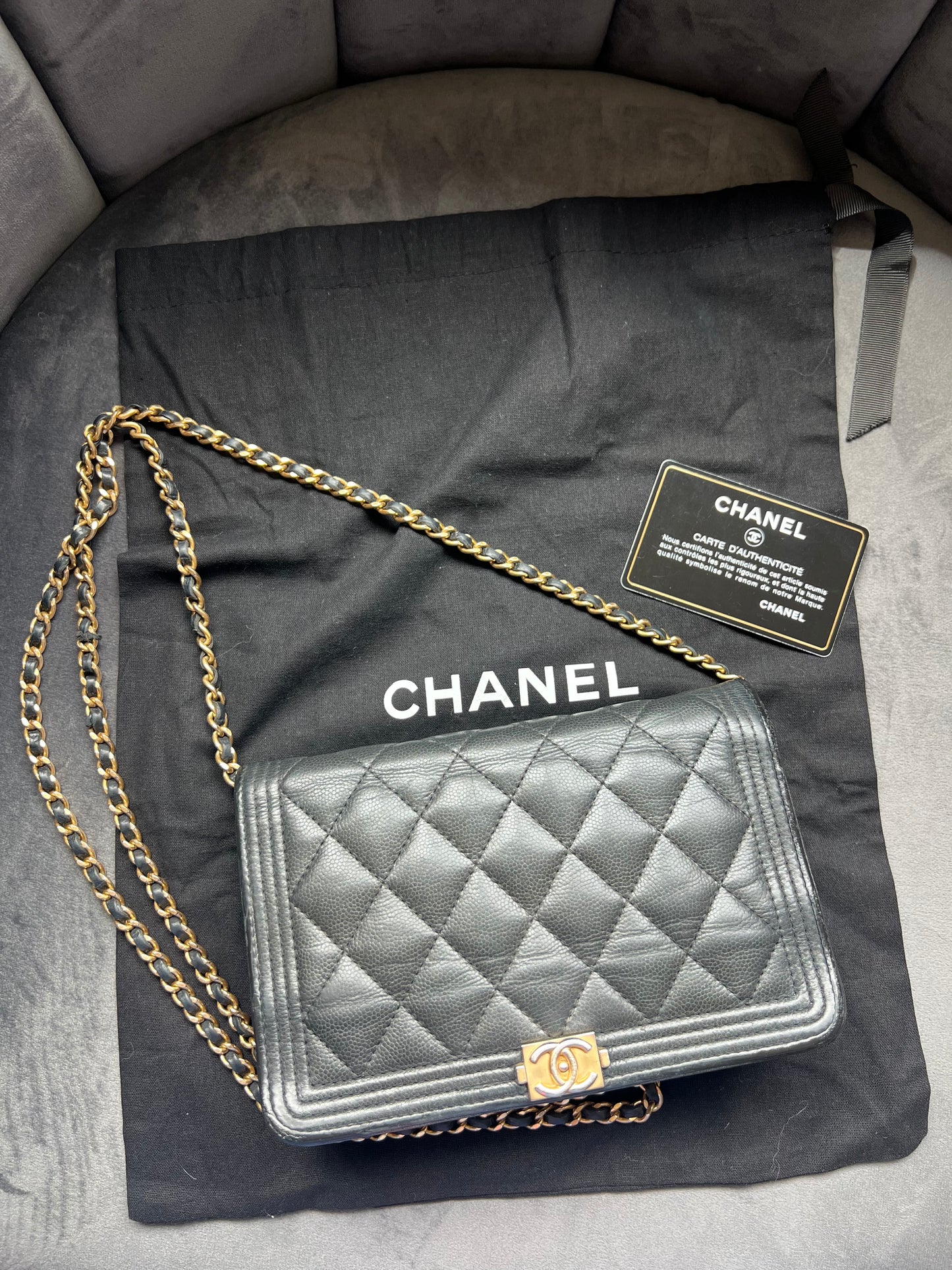 Chanel Caviar Quilted Boy Wallet On Chain WOC Black