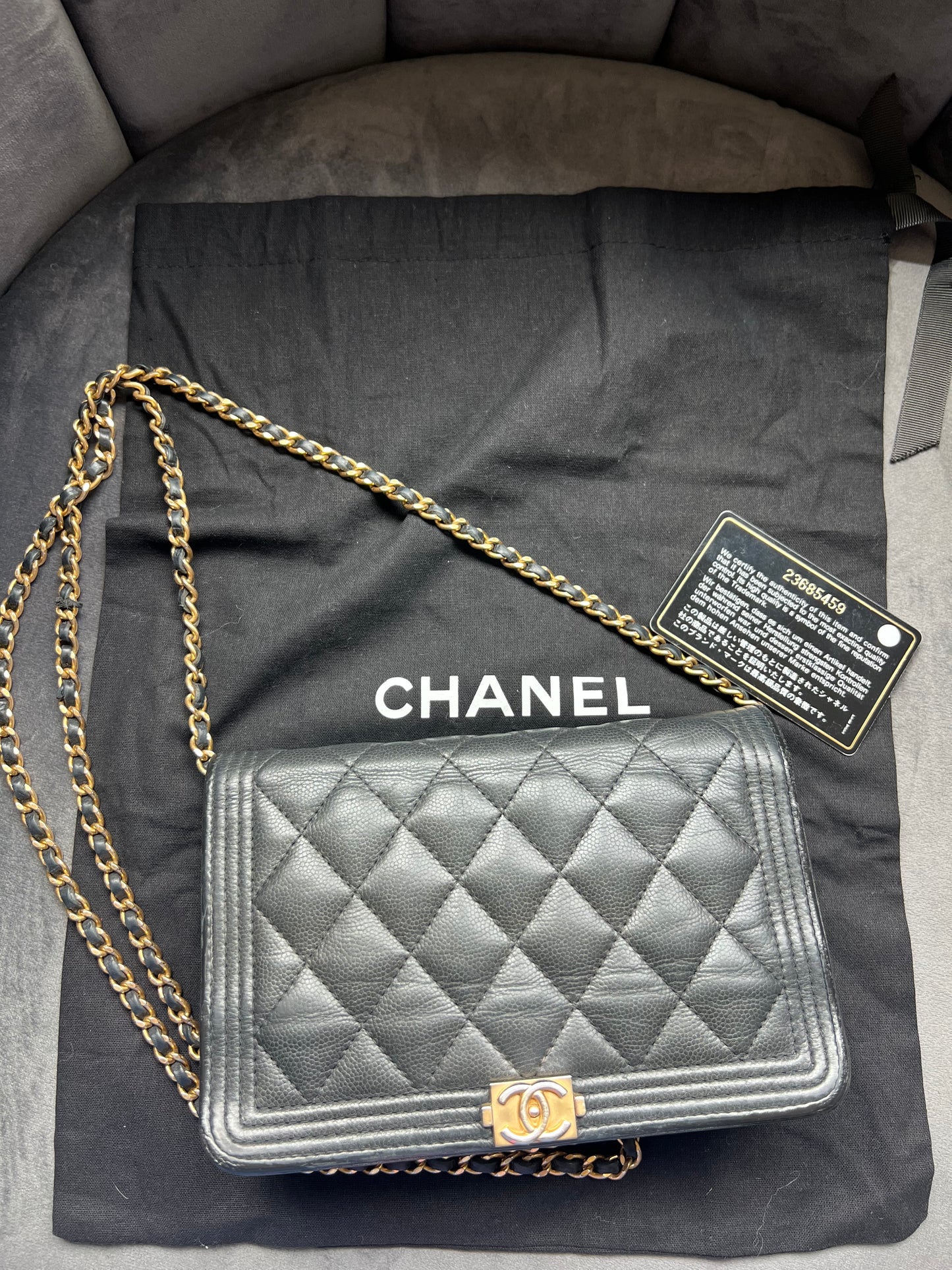 Chanel Caviar Quilted Boy Wallet On Chain WOC Black