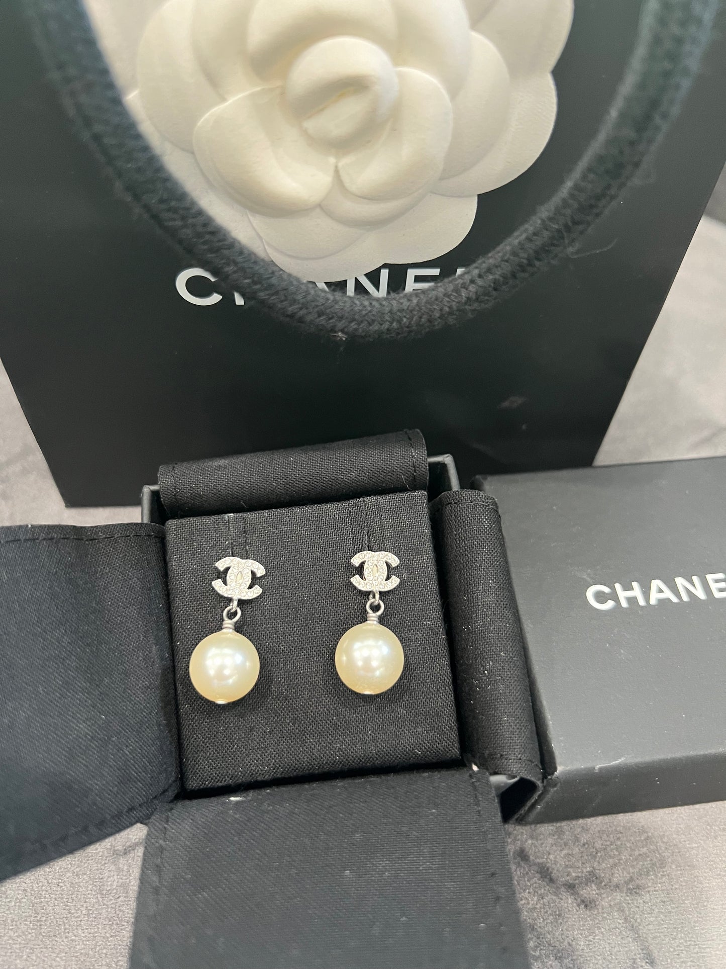 CHANEL Crystal Pearl CC Drop Earrings