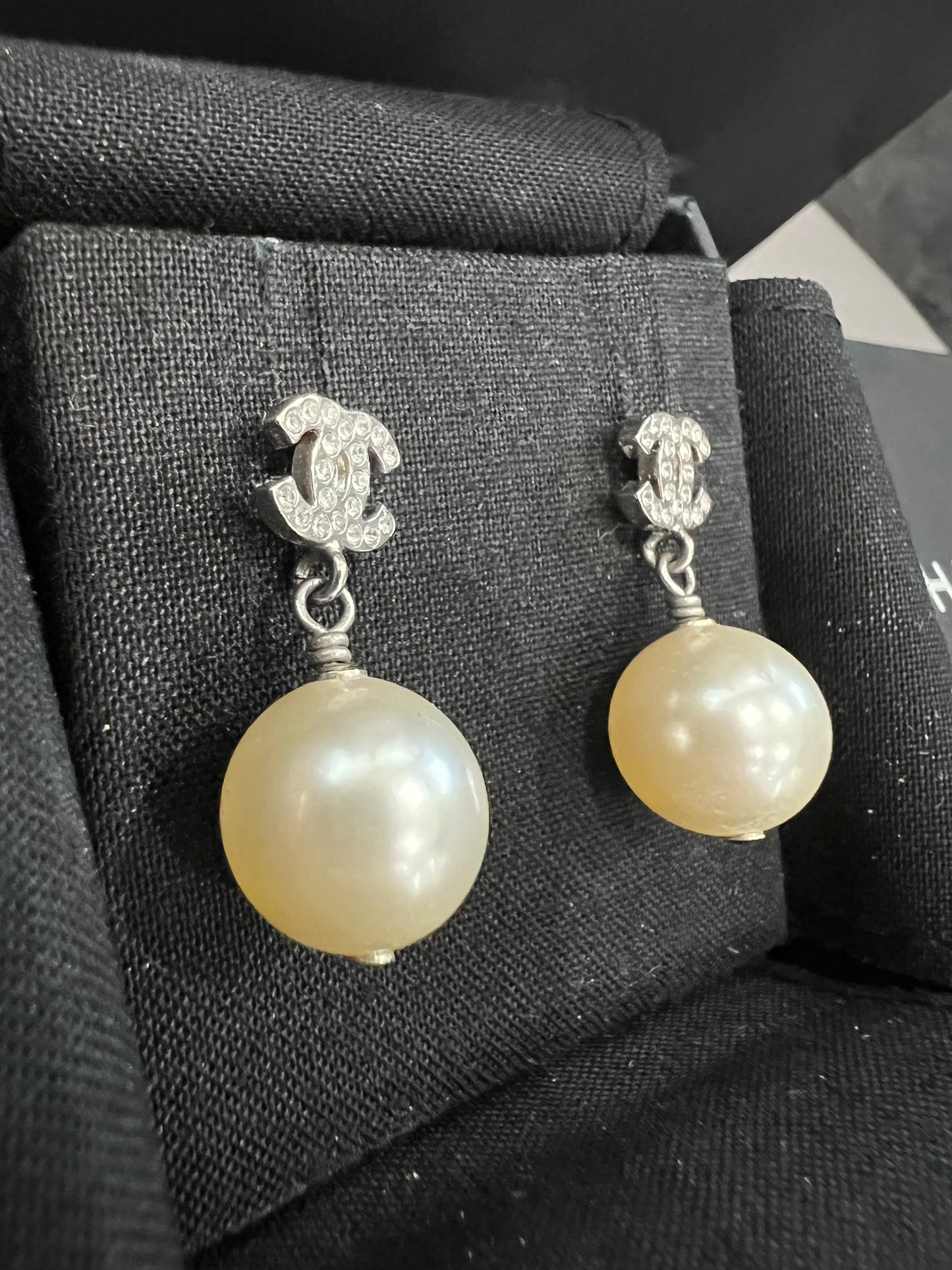 CHANEL Crystal Pearl CC Drop Earrings
