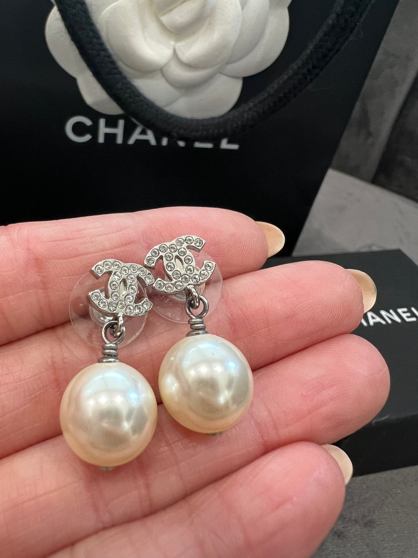 CHANEL Crystal Pearl CC Drop Earrings