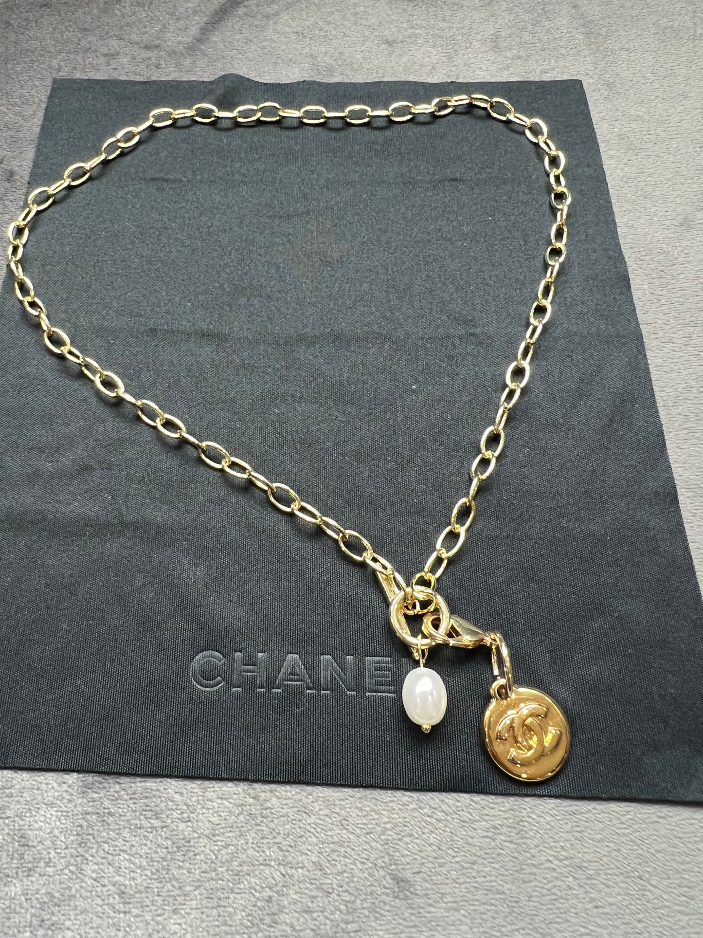 Upcycled Chanel CC charm necklace - Toggle with pearl