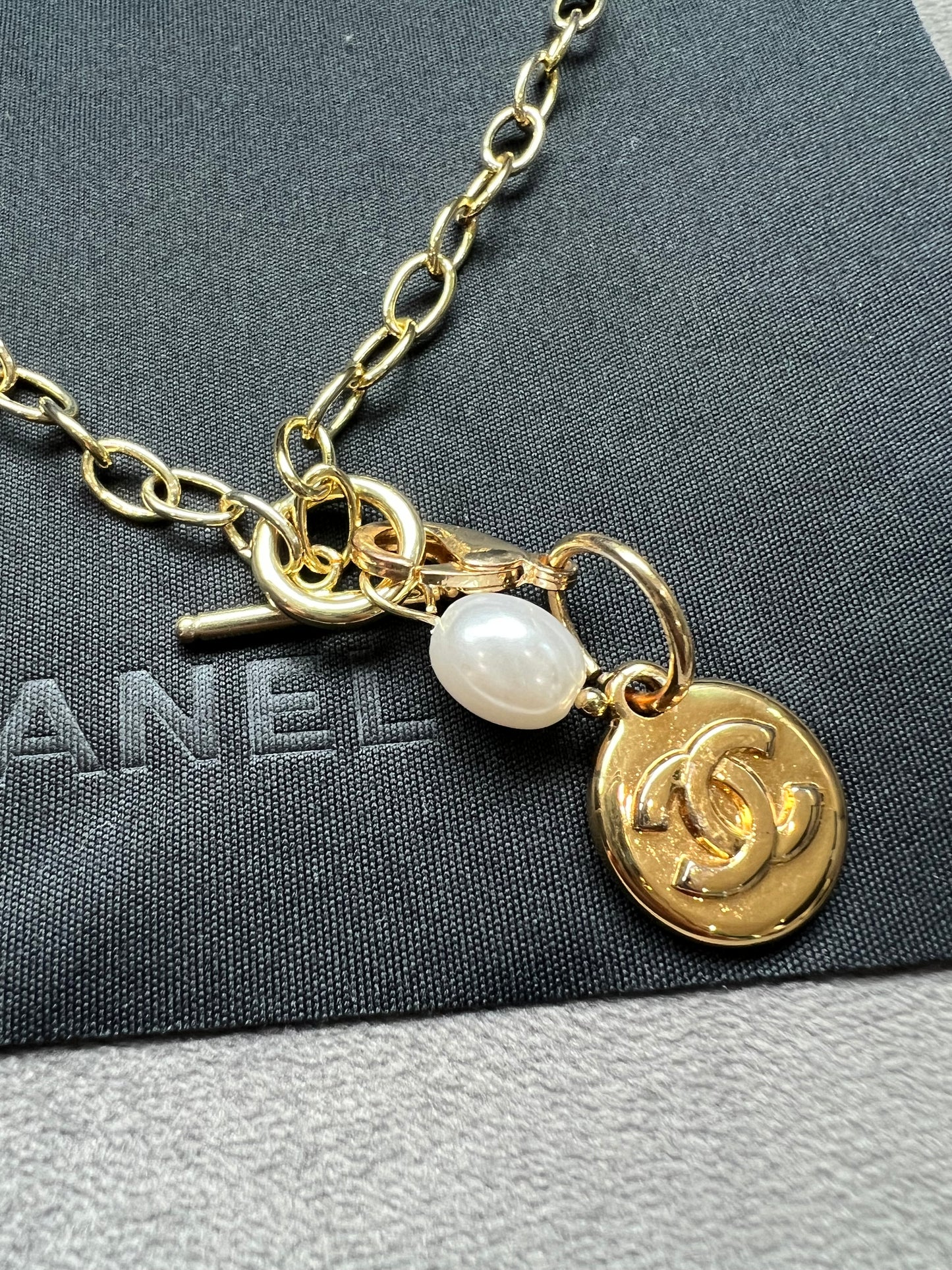 Upcycled Chanel CC charm necklace - Toggle with pearl