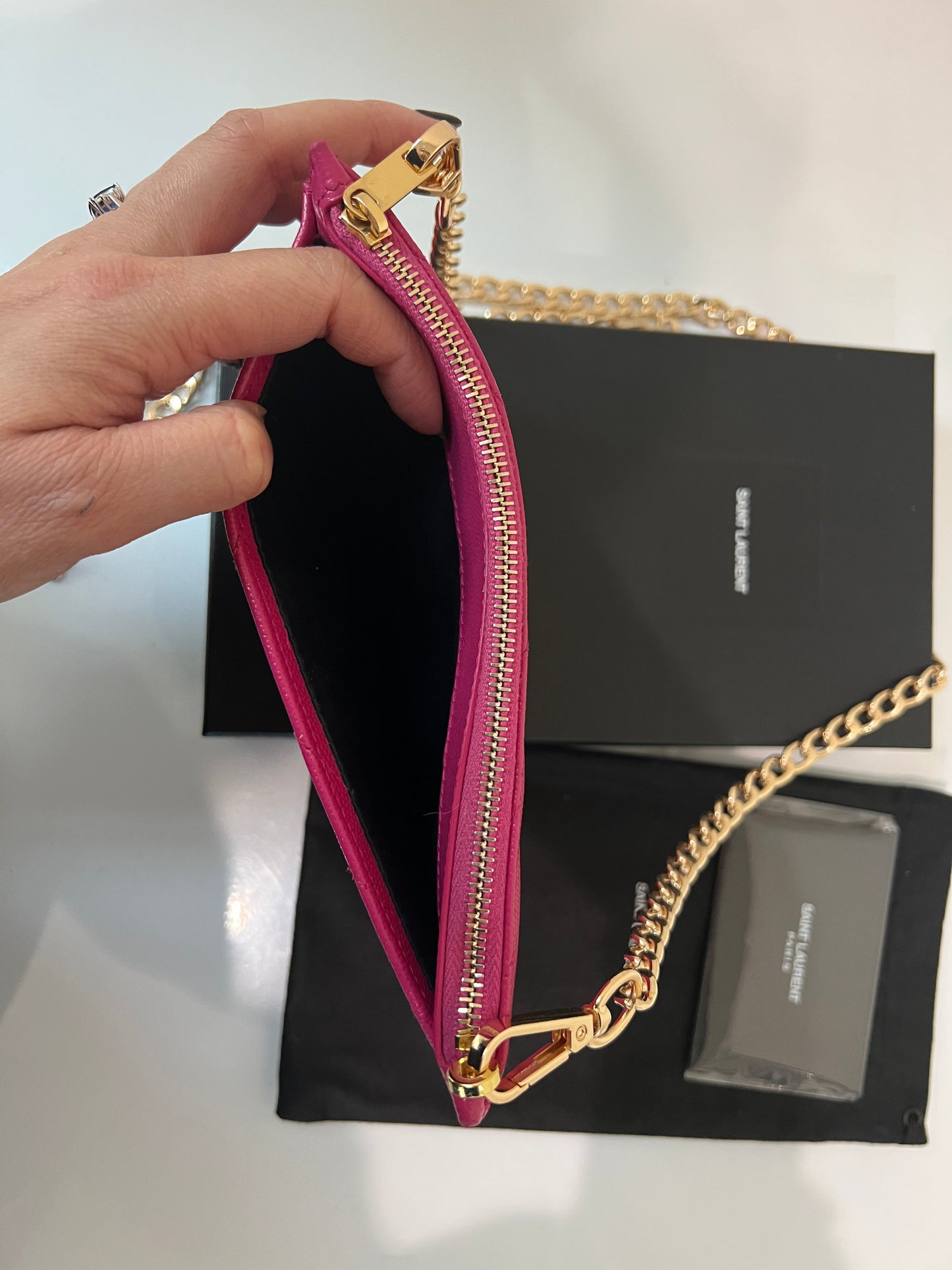Pink YSL monogram clutch on chain