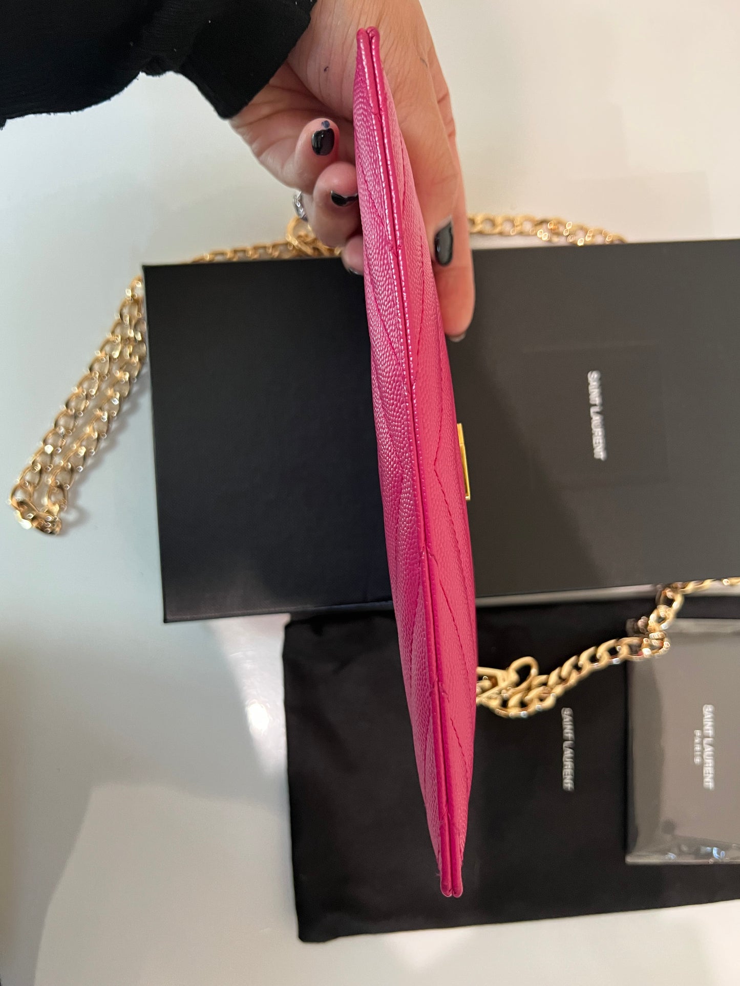 Pink YSL monogram clutch on chain