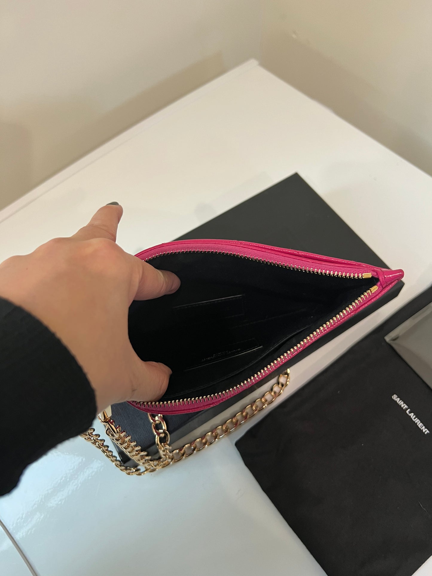 Pink YSL monogram clutch on chain