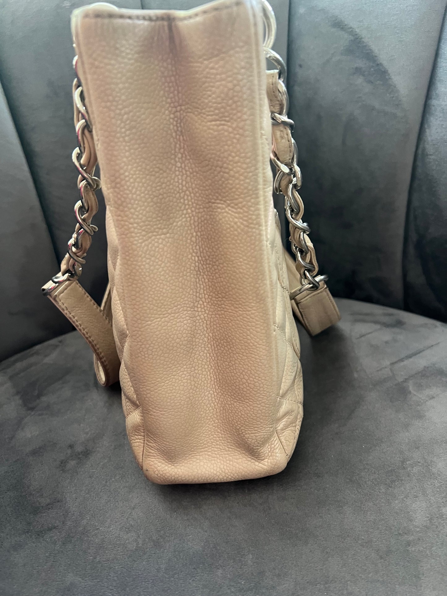 CHANEL Caviar Quilted Petite Shopping Tote PST beige