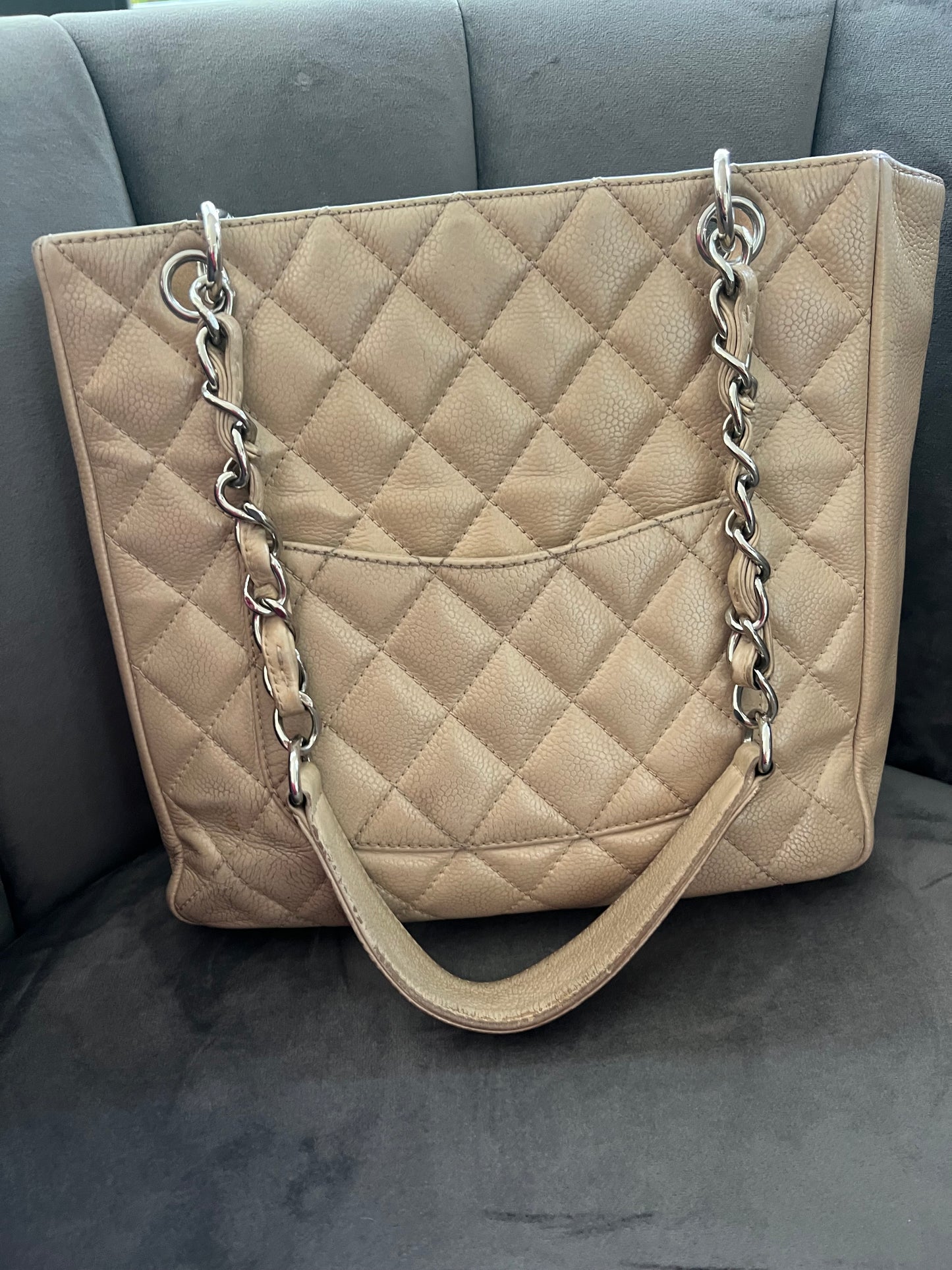 CHANEL Caviar Quilted Petite Shopping Tote PST beige