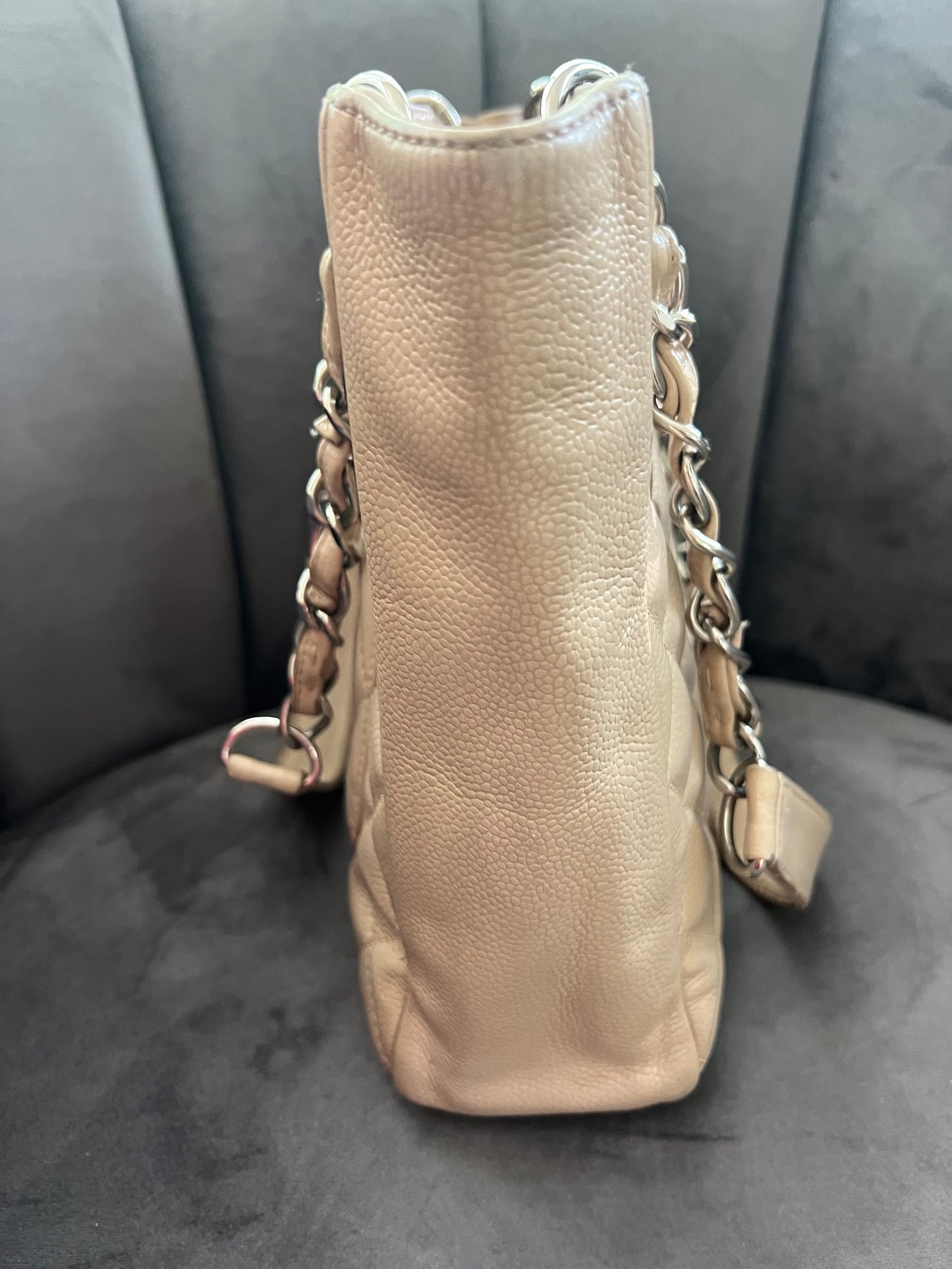 CHANEL Caviar Quilted Petite Shopping Tote PST beige