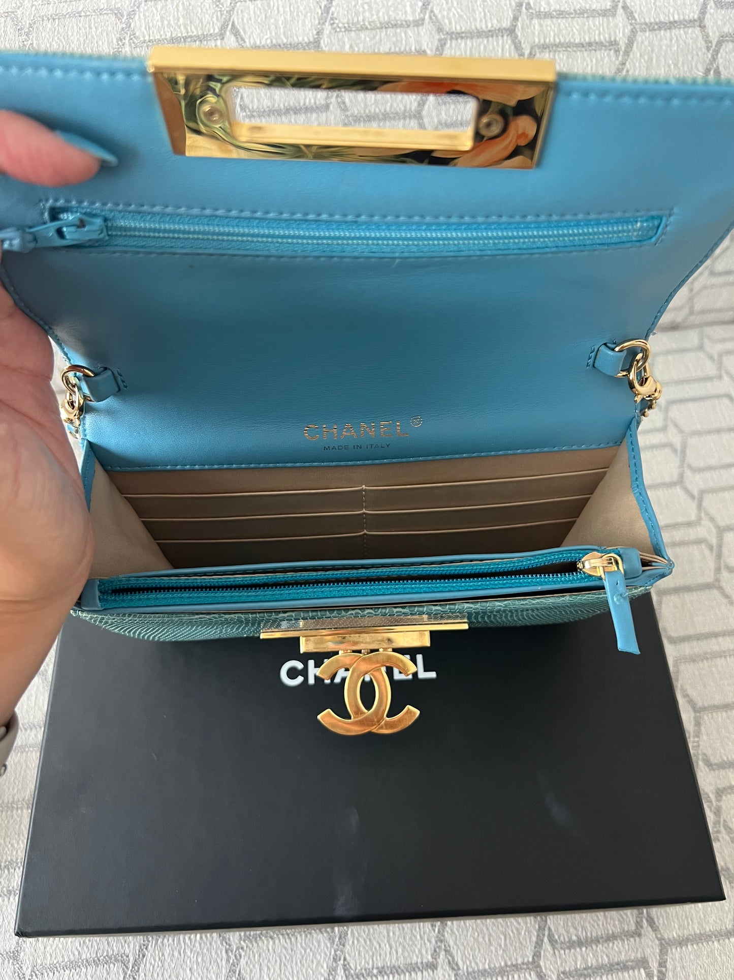 Chanel turquoise golden class lizard skin