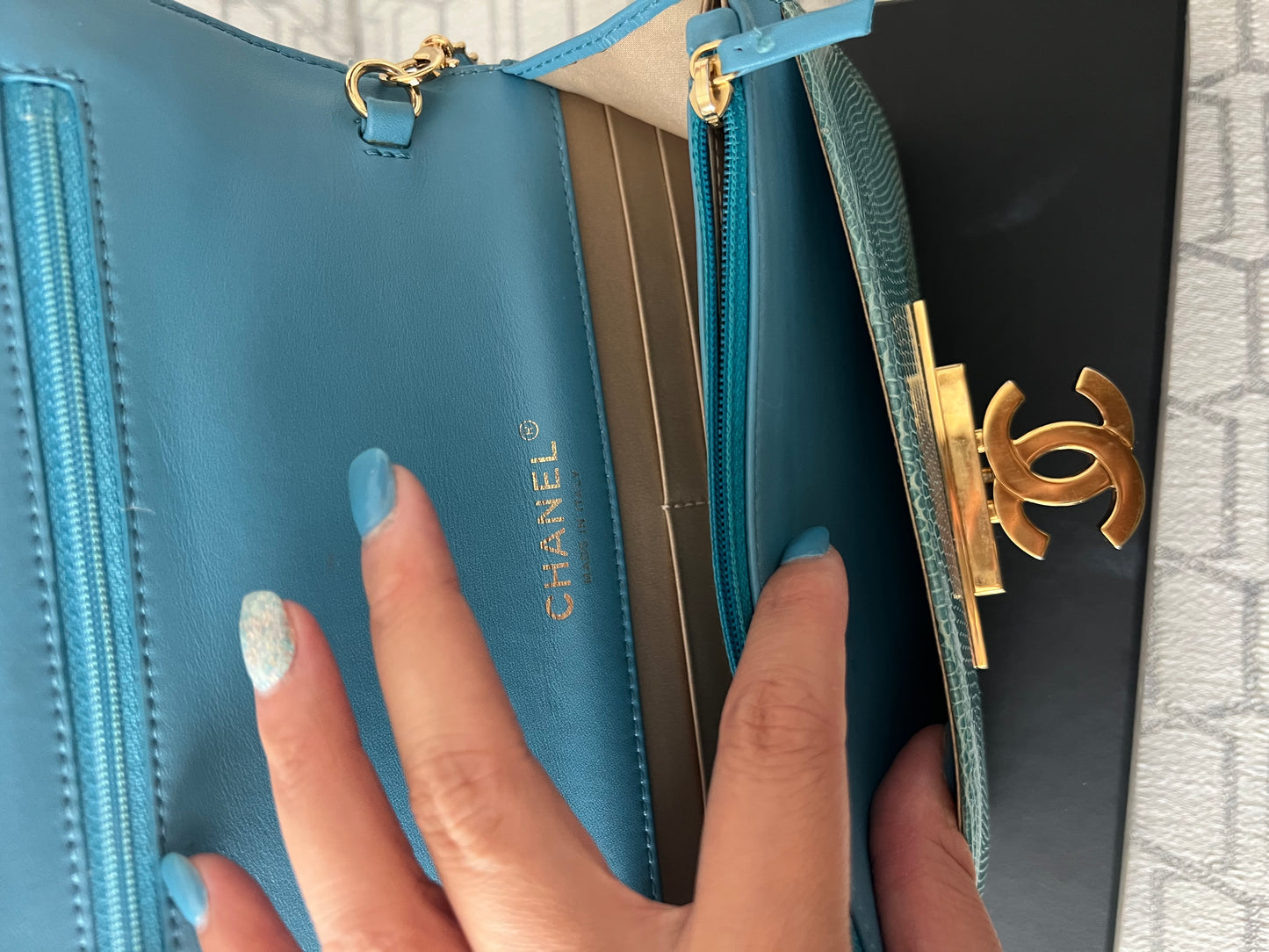Chanel turquoise golden class lizard skin