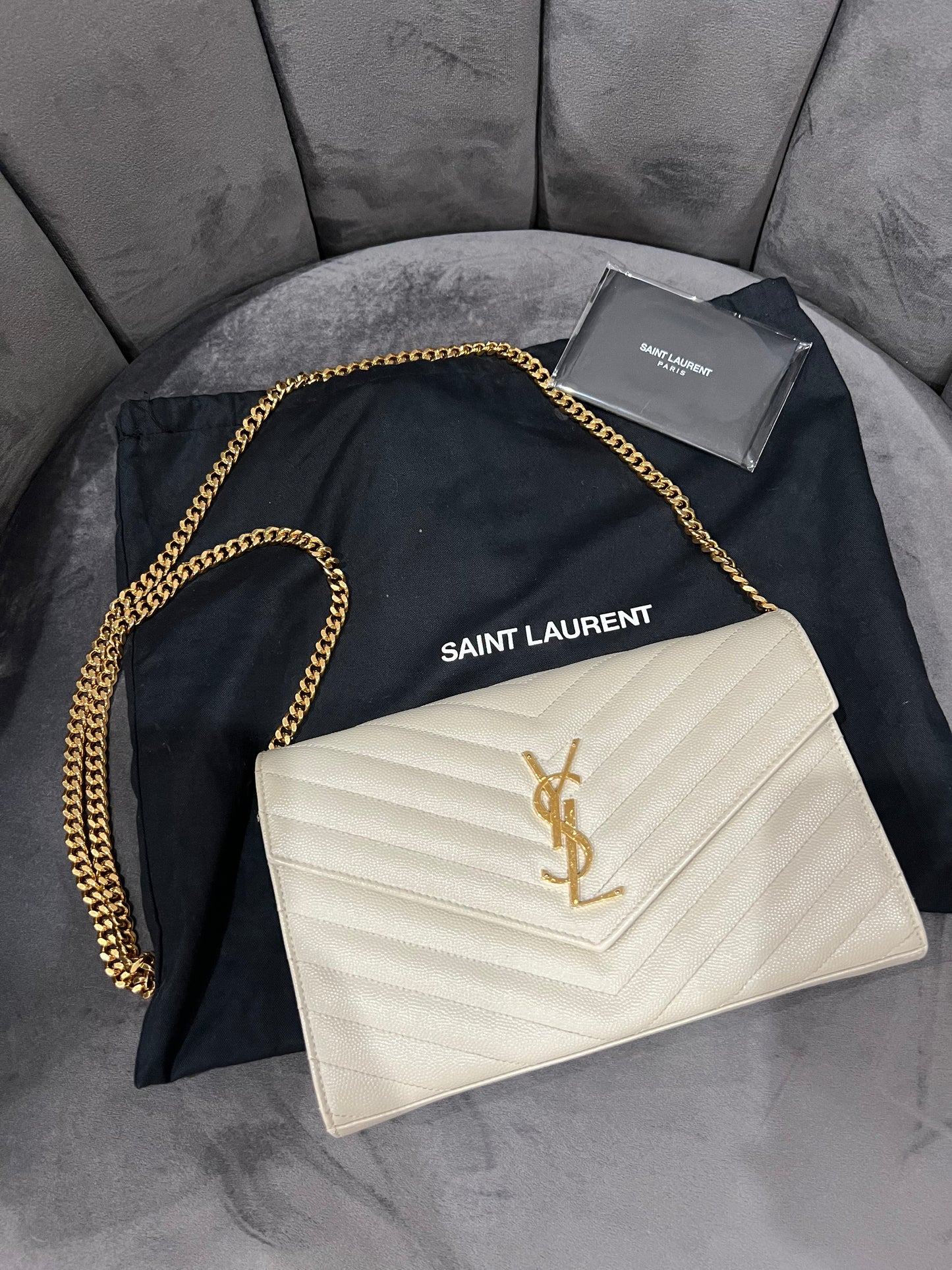 YSL cassandre envelope crossbody large ivory