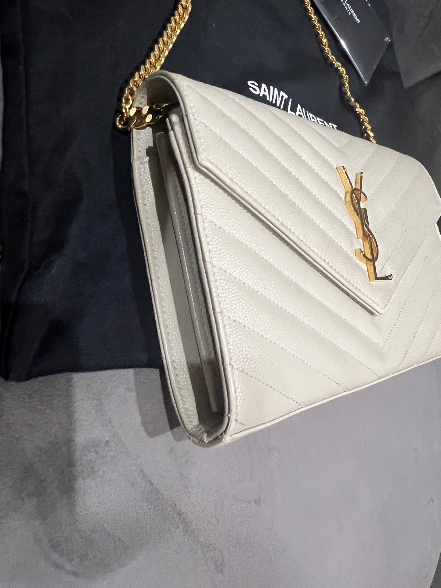 YSL cassandre envelope crossbody large ivory