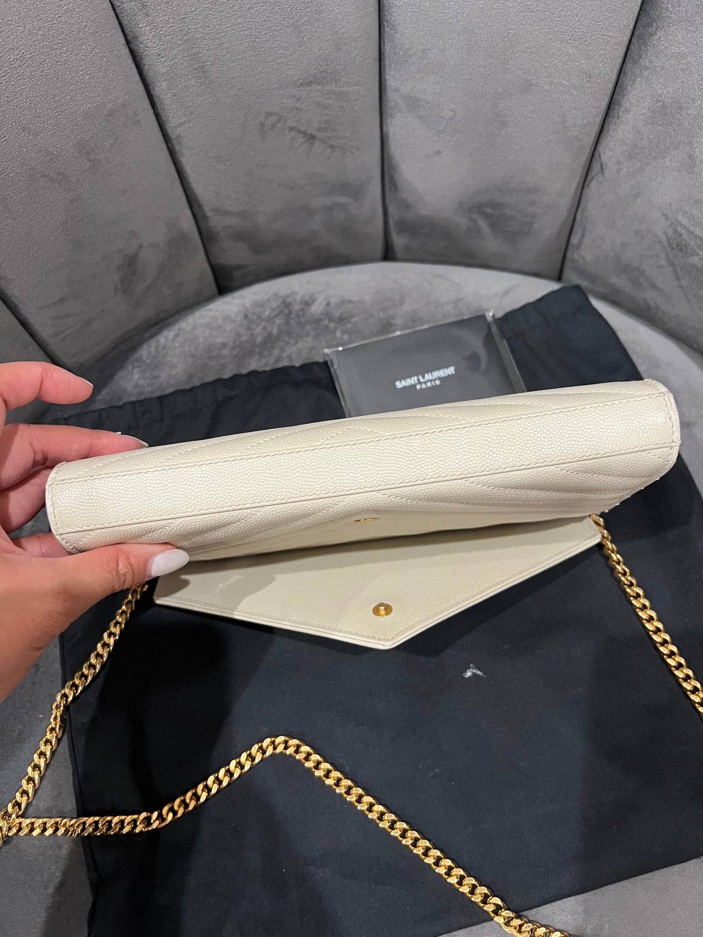 YSL cassandre envelope crossbody large ivory