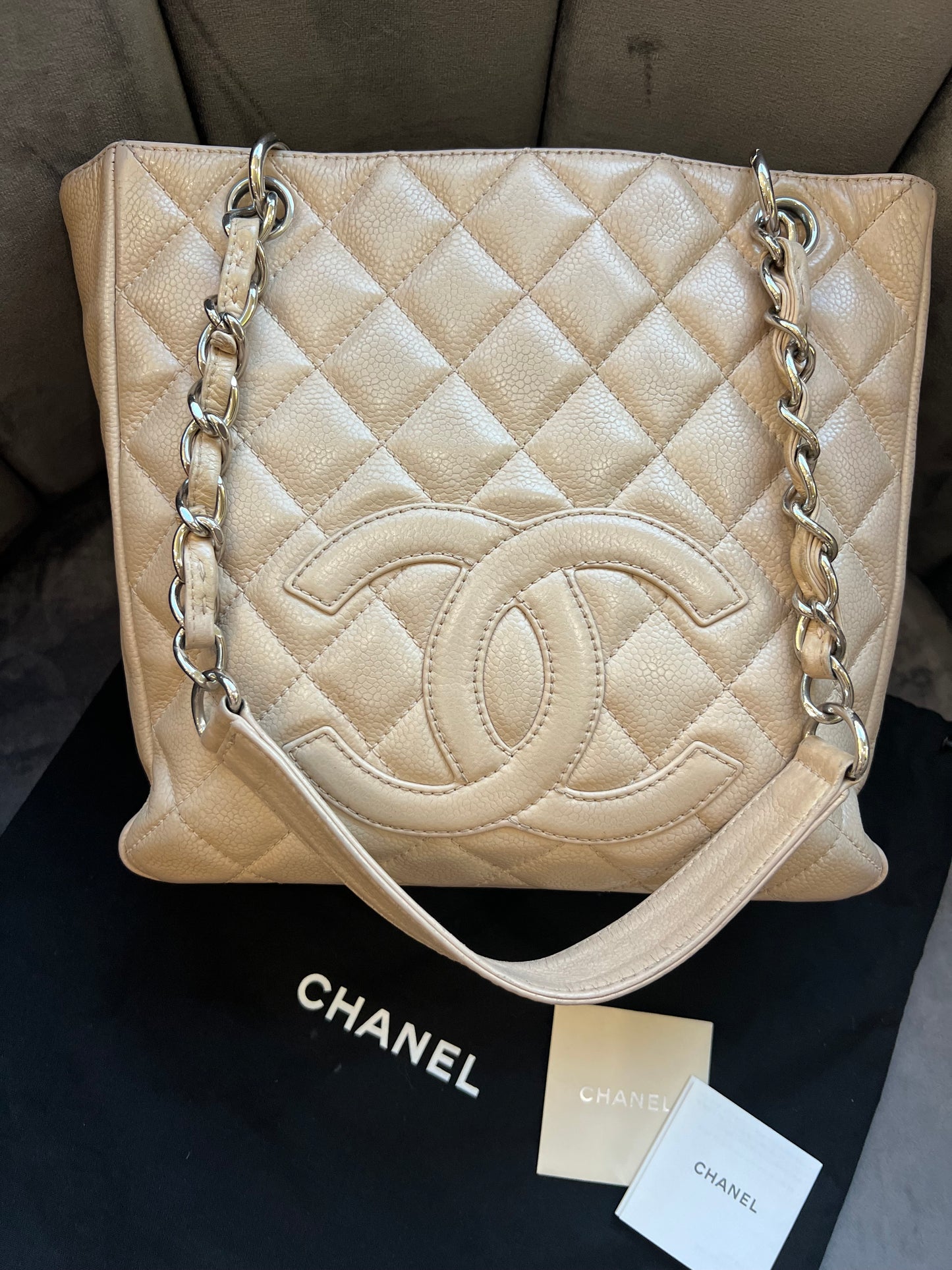 CHANEL Caviar Quilted Petite Shopping Tote PST beige