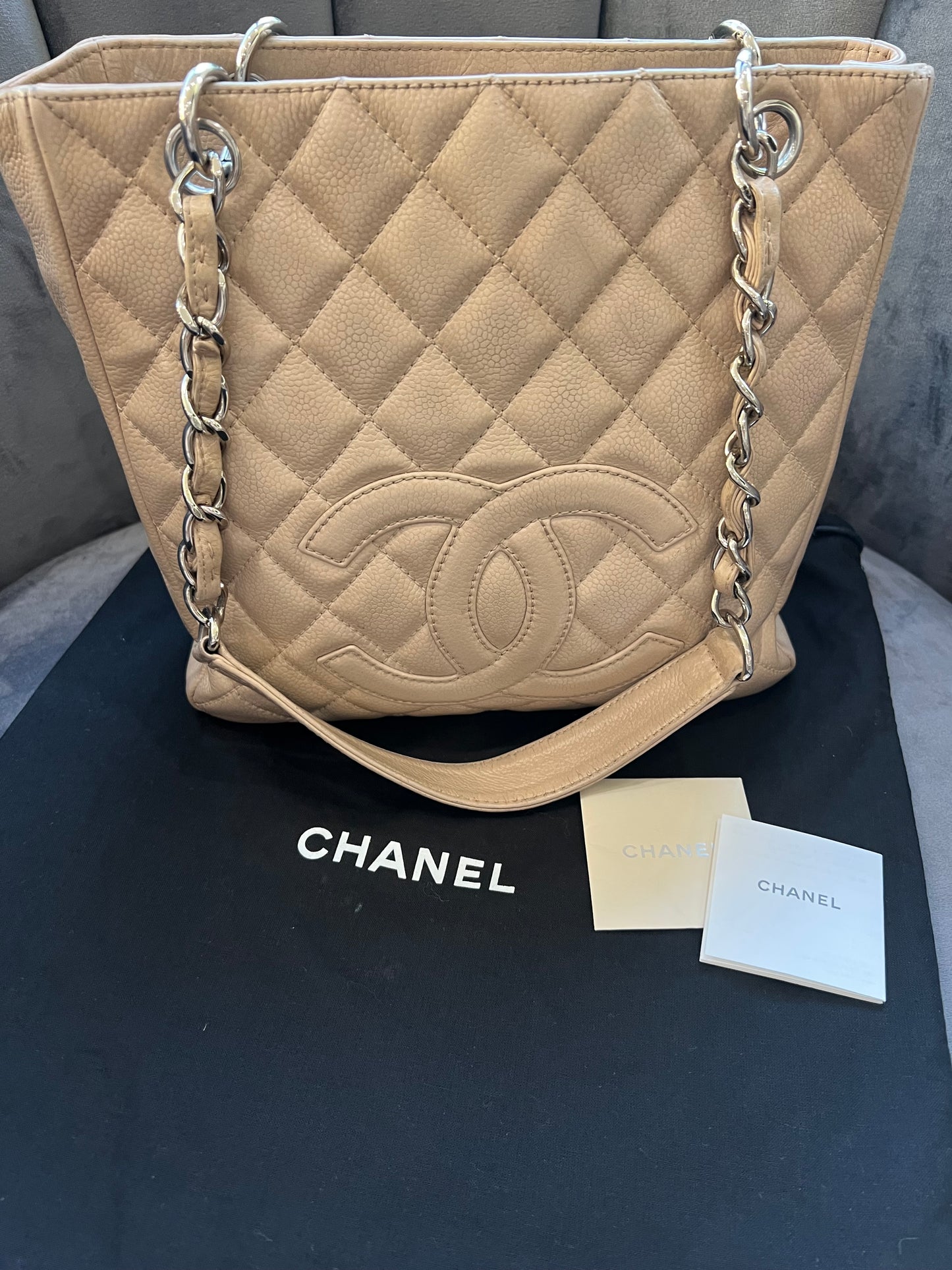 CHANEL Caviar Quilted Petite Shopping Tote PST beige