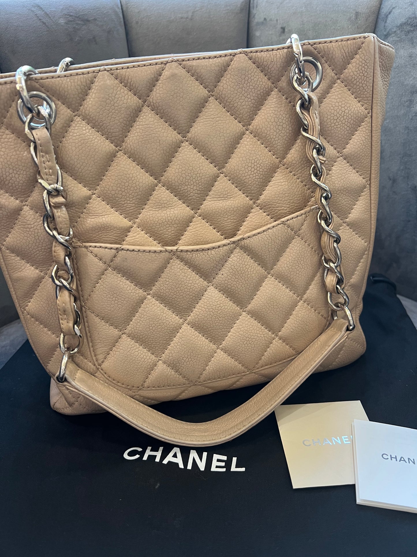 CHANEL Caviar Quilted Petite Shopping Tote PST beige