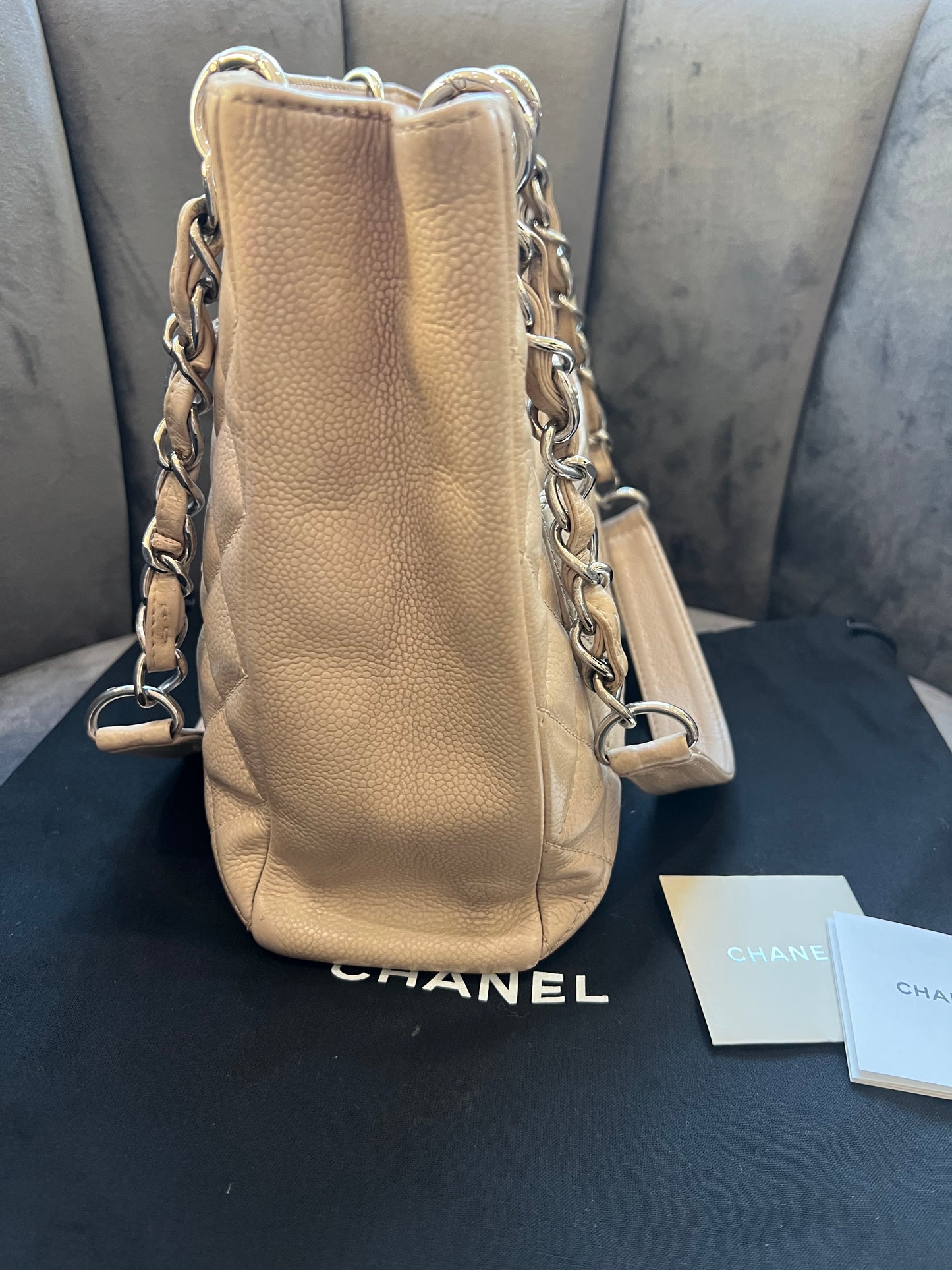 CHANEL Caviar Quilted Petite Shopping Tote PST beige