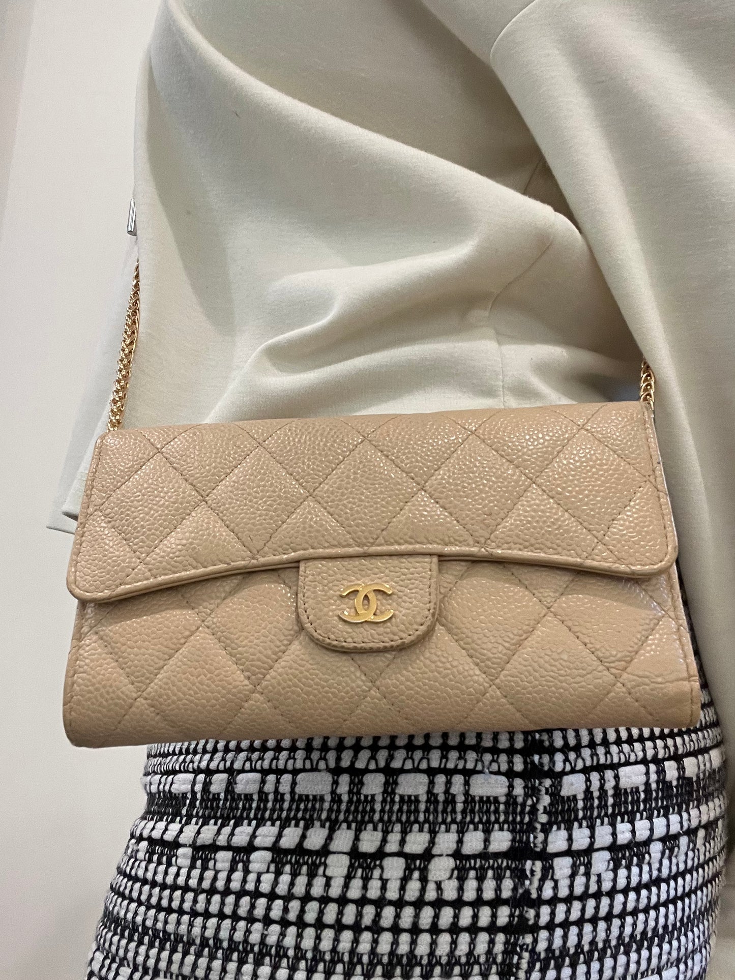 Chanel beige timeless wallet on chain