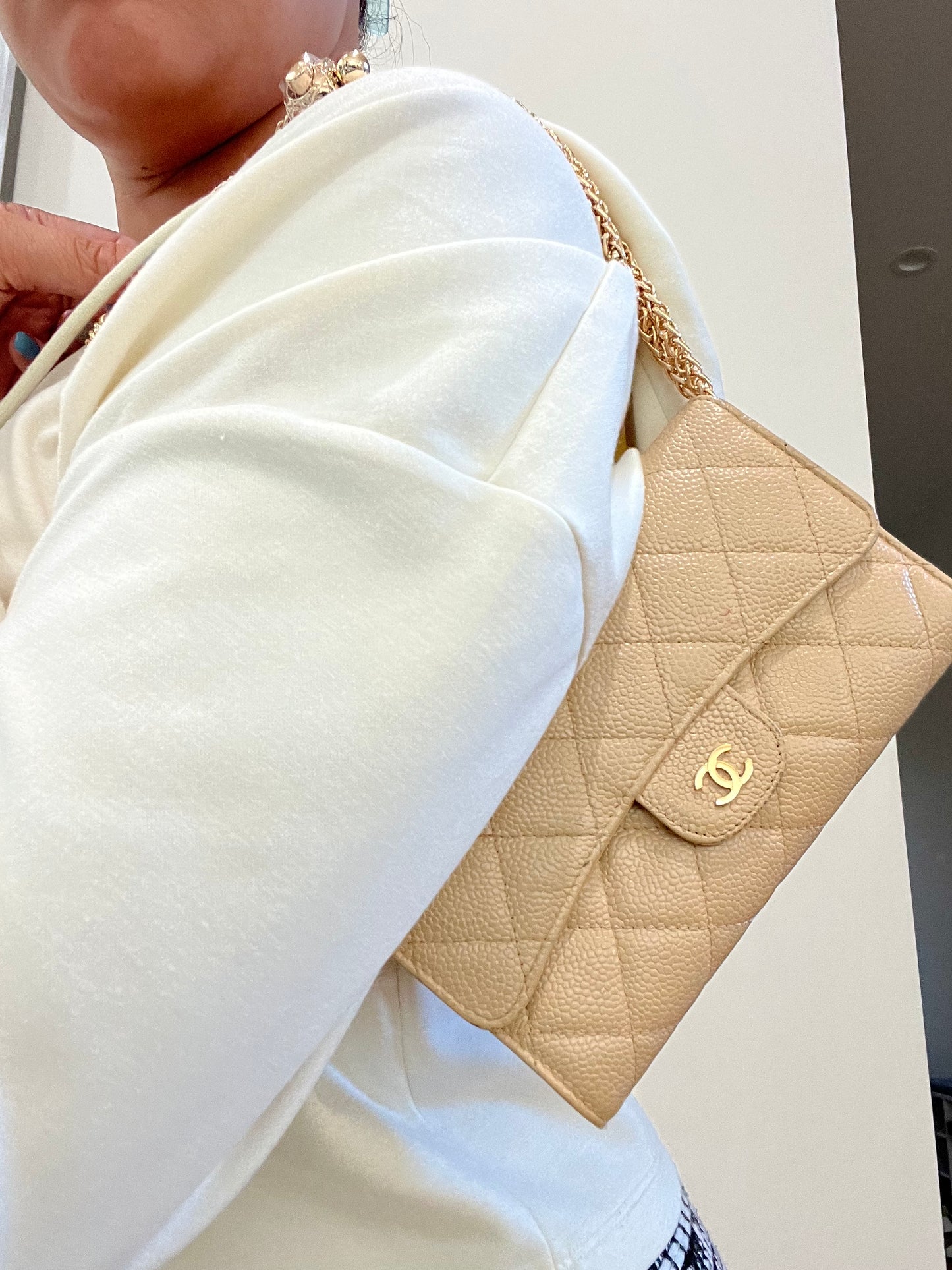 Chanel beige timeless wallet on chain