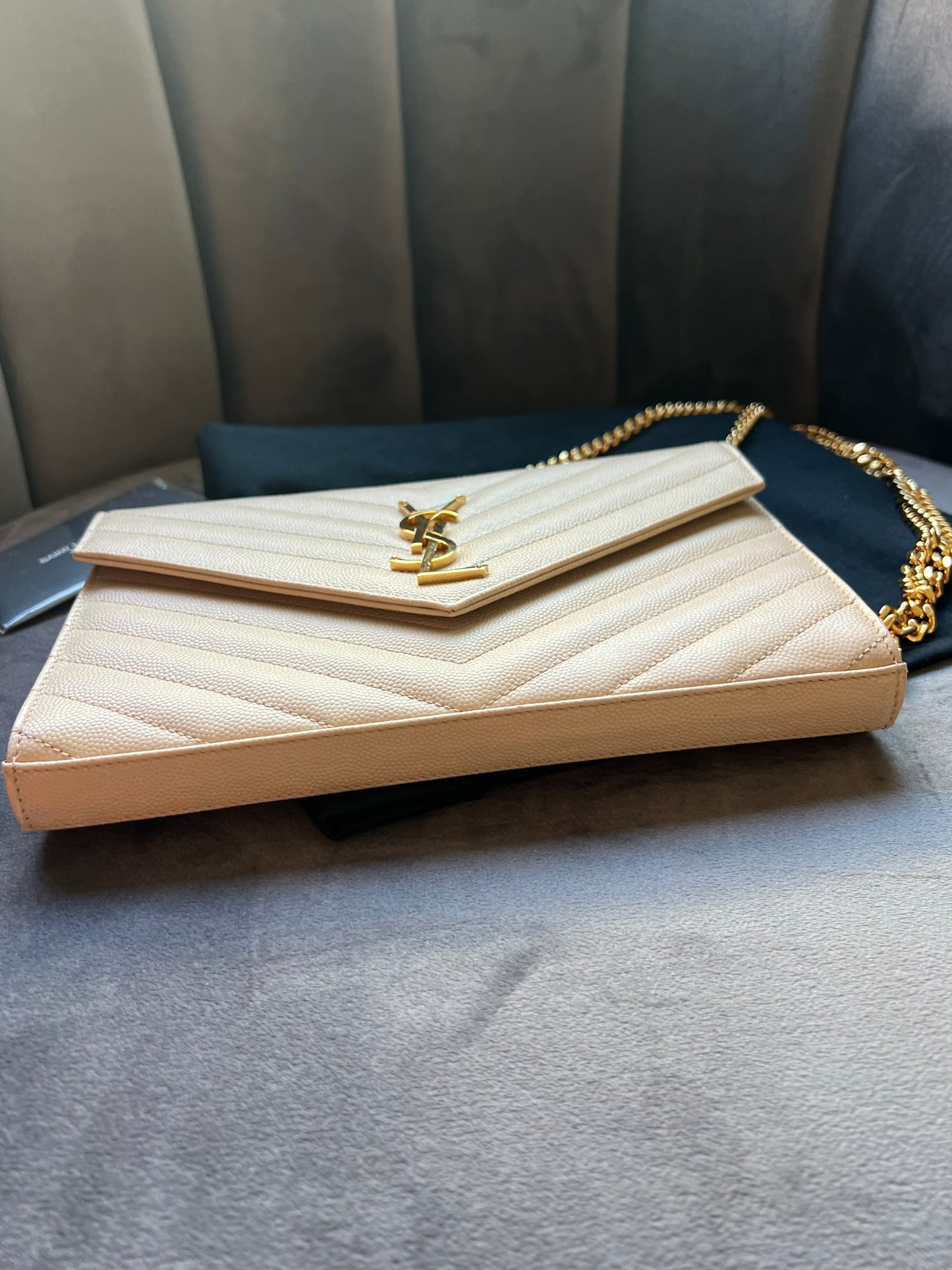YSL cassandre flap large wallet on chain beige