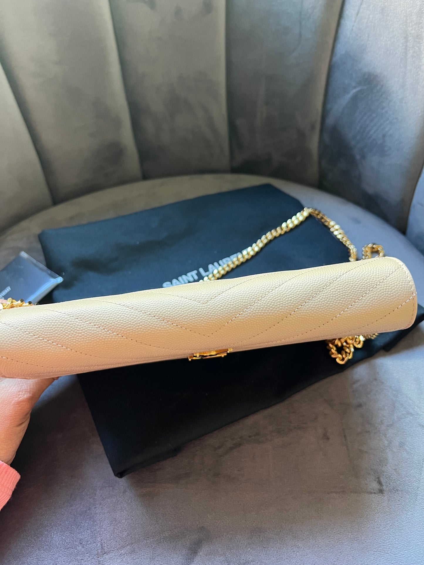 YSL cassandre flap large wallet on chain beige