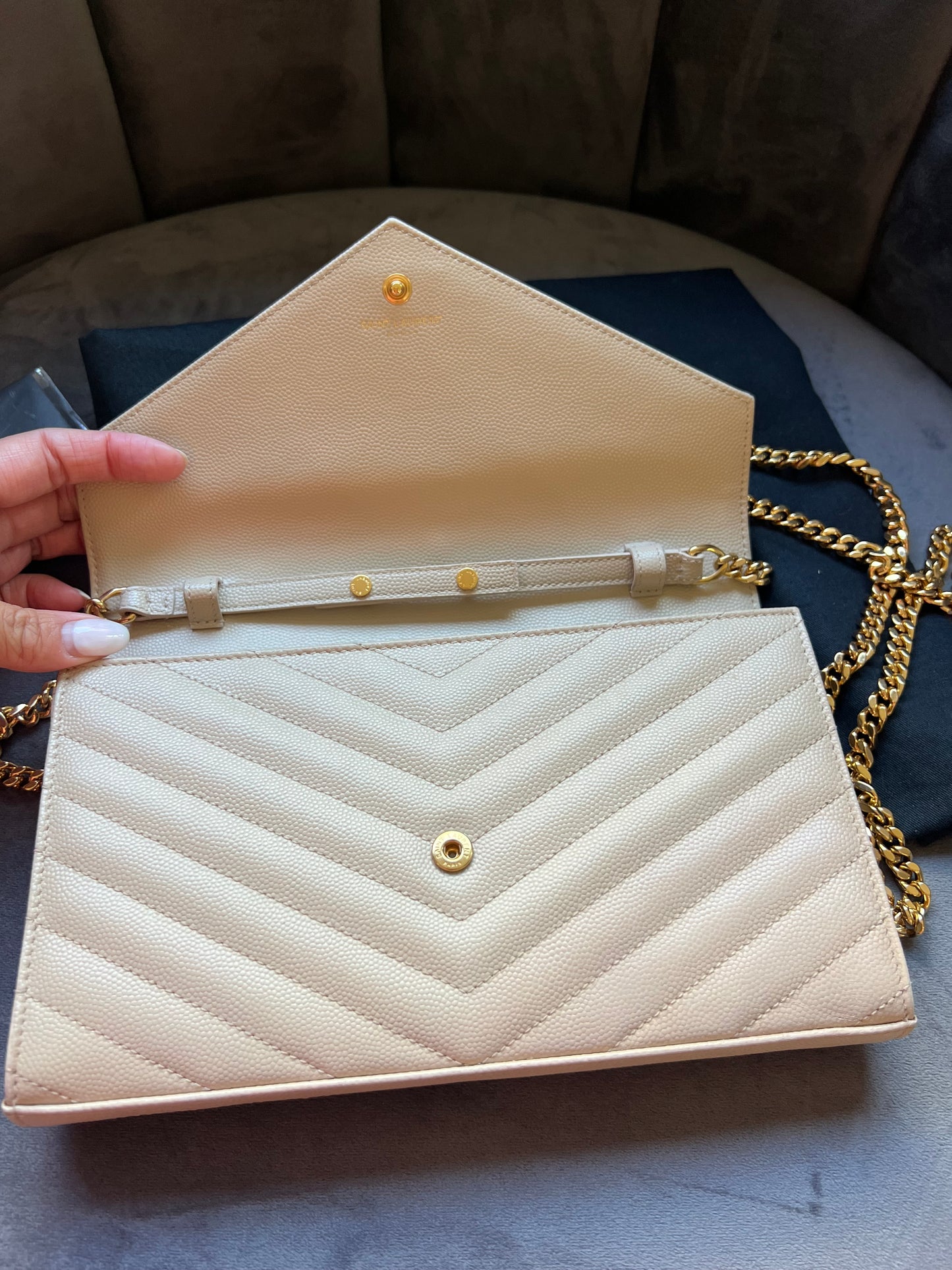 YSL cassandre flap large wallet on chain beige