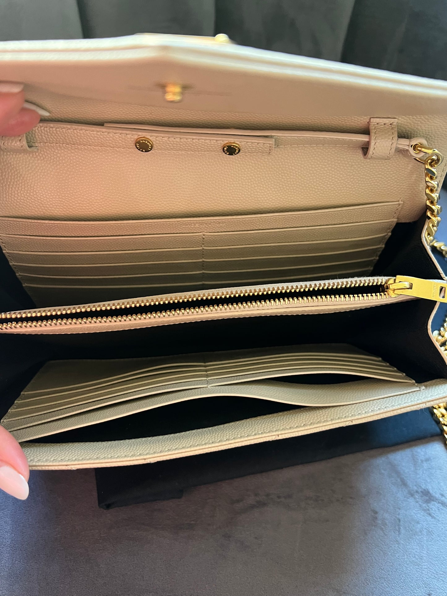 YSL cassandre flap large wallet on chain beige