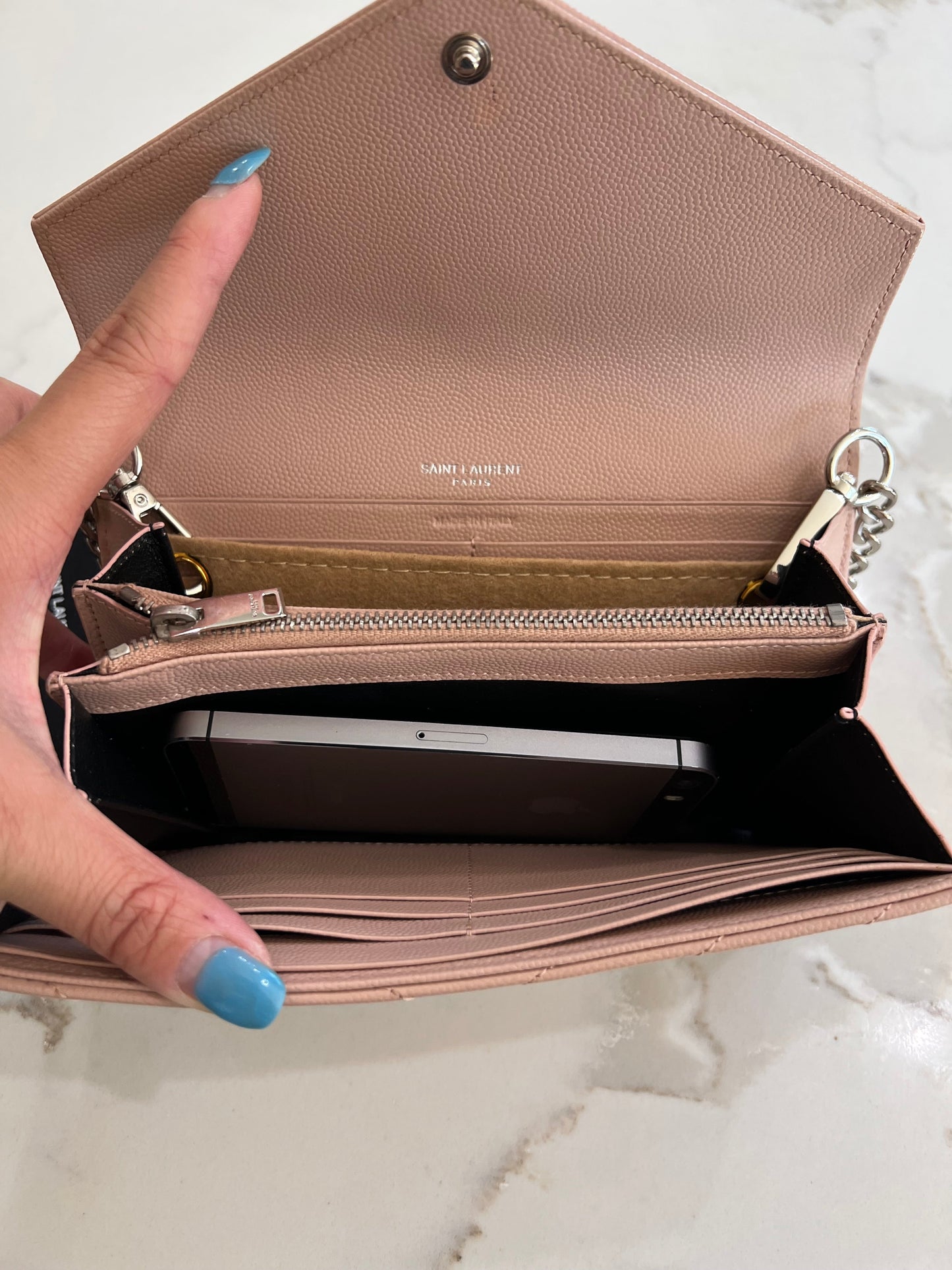Pink YSL cassandre wallet on chain